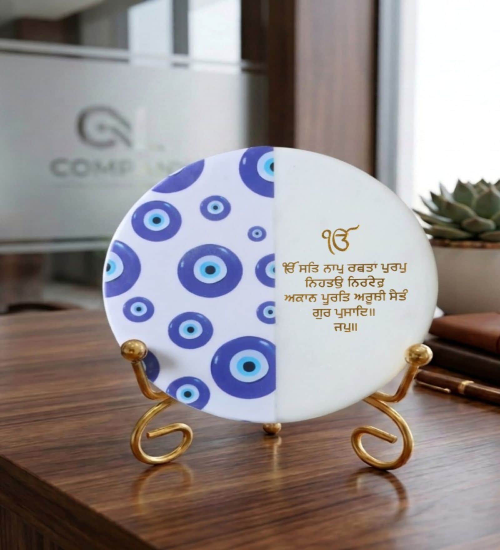 Marble Half Evil Eye IK Onkar Mantra Wall Plate With Folding Metal Stand