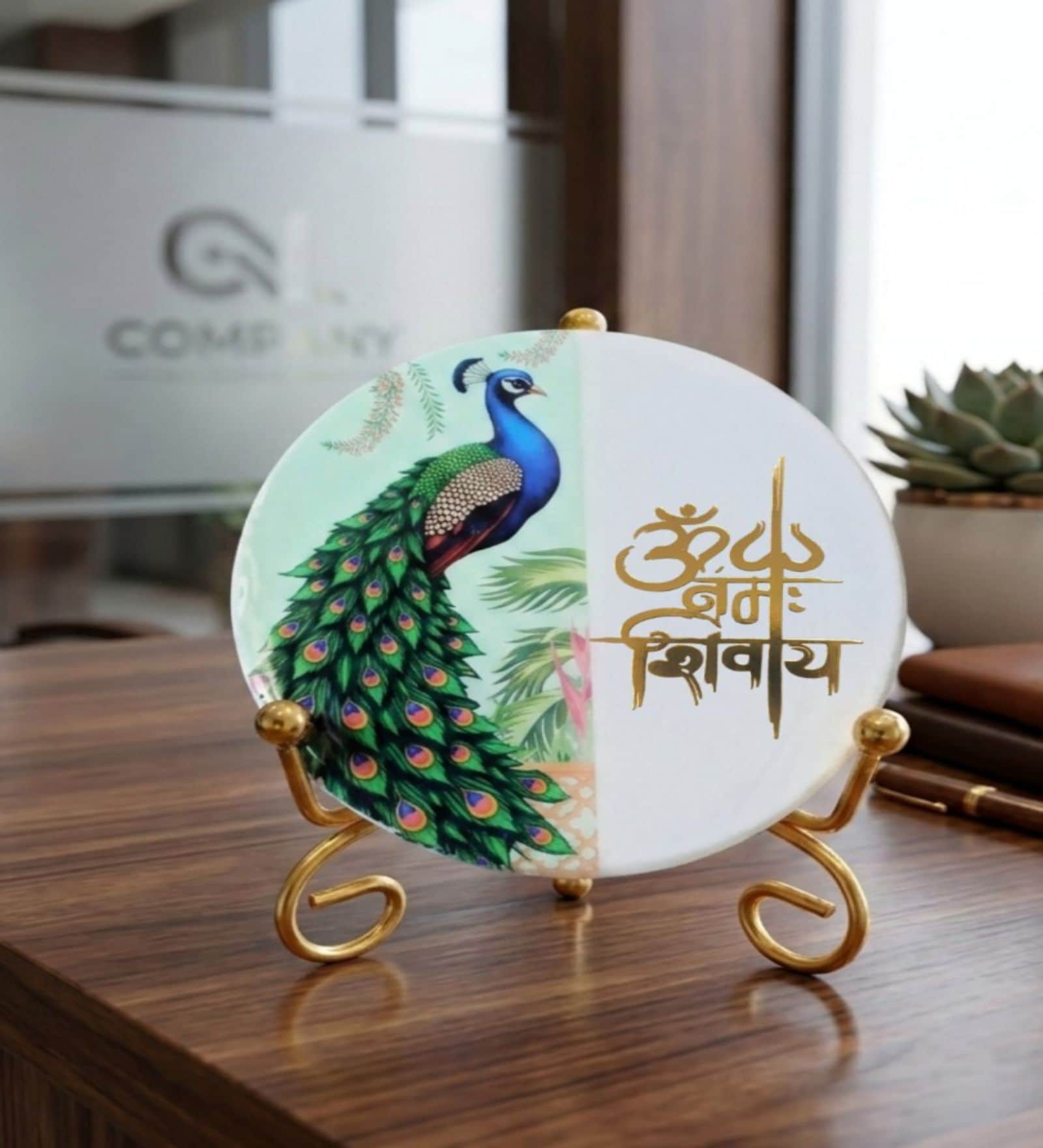 Marble Half Peacock Om Namah Shivay Wall Plate With Folding Metal Stand