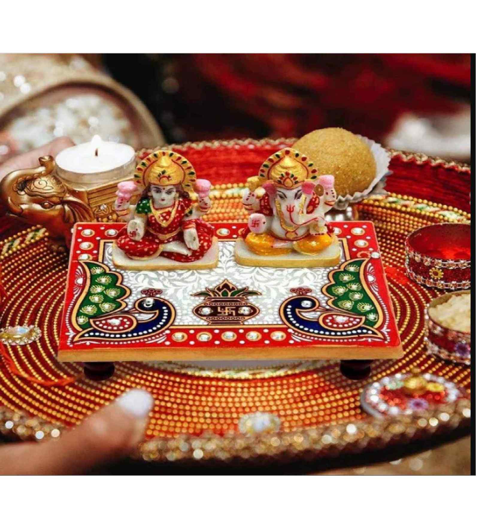 MARBLE LORD LAKSHMI GANESHA WITH 15 cm CHOWKIE 
