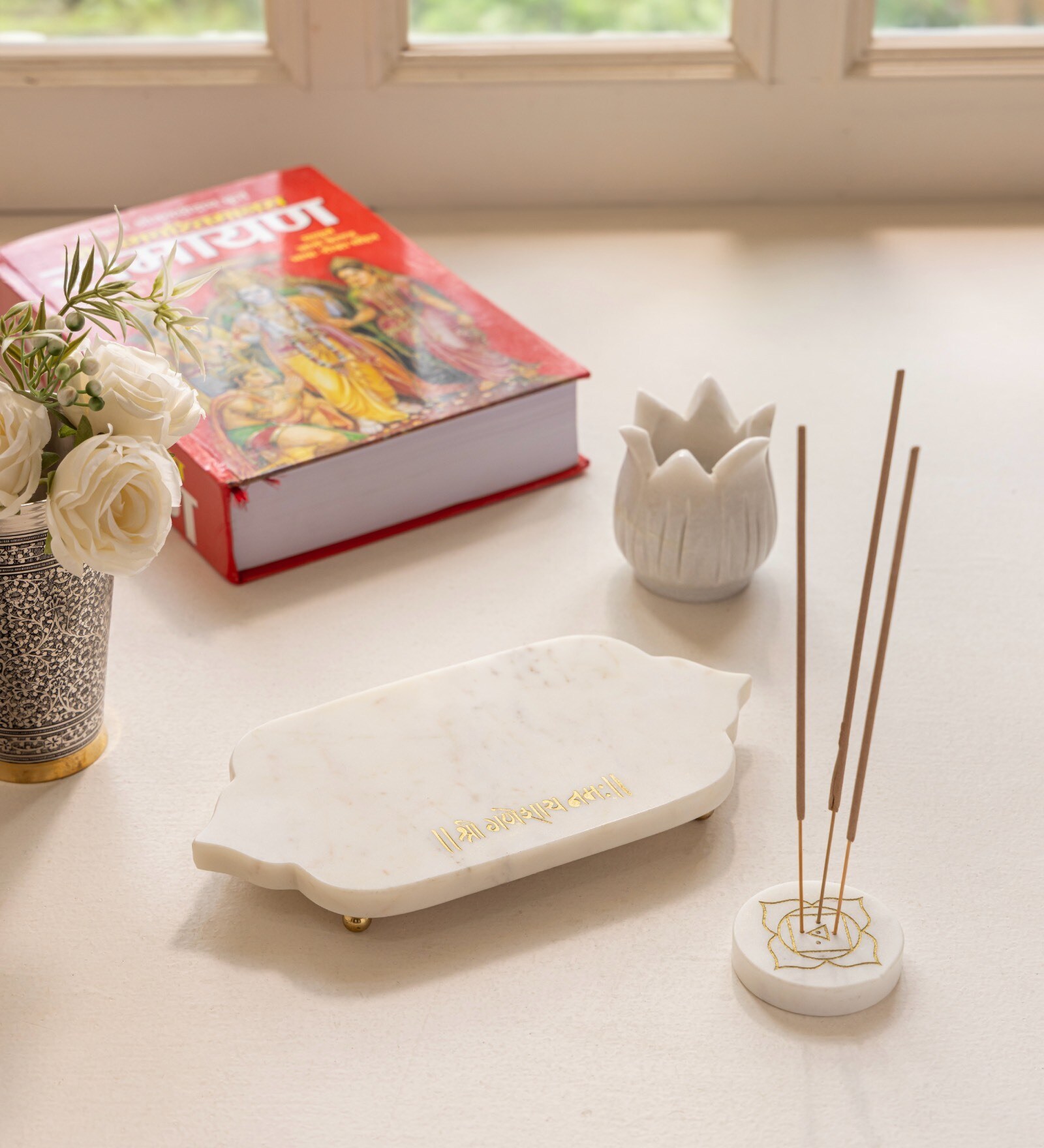 White Mandir Marble Chowki Incense Stick Holder