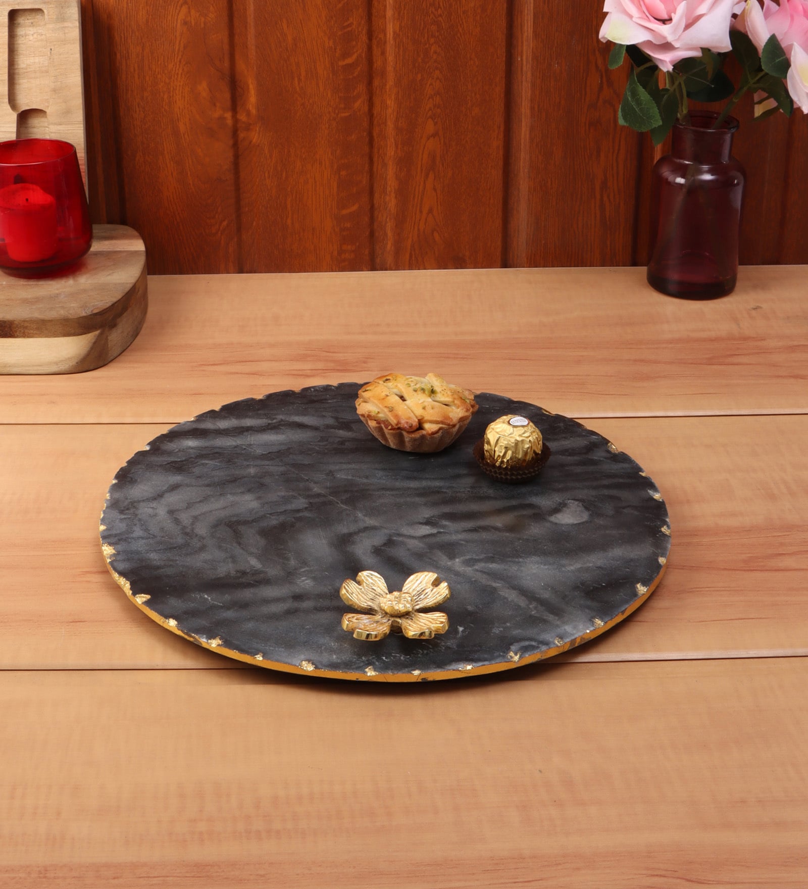 Marble Platter  Black Round With Gold Foil Work   Metal Flower  Embedded