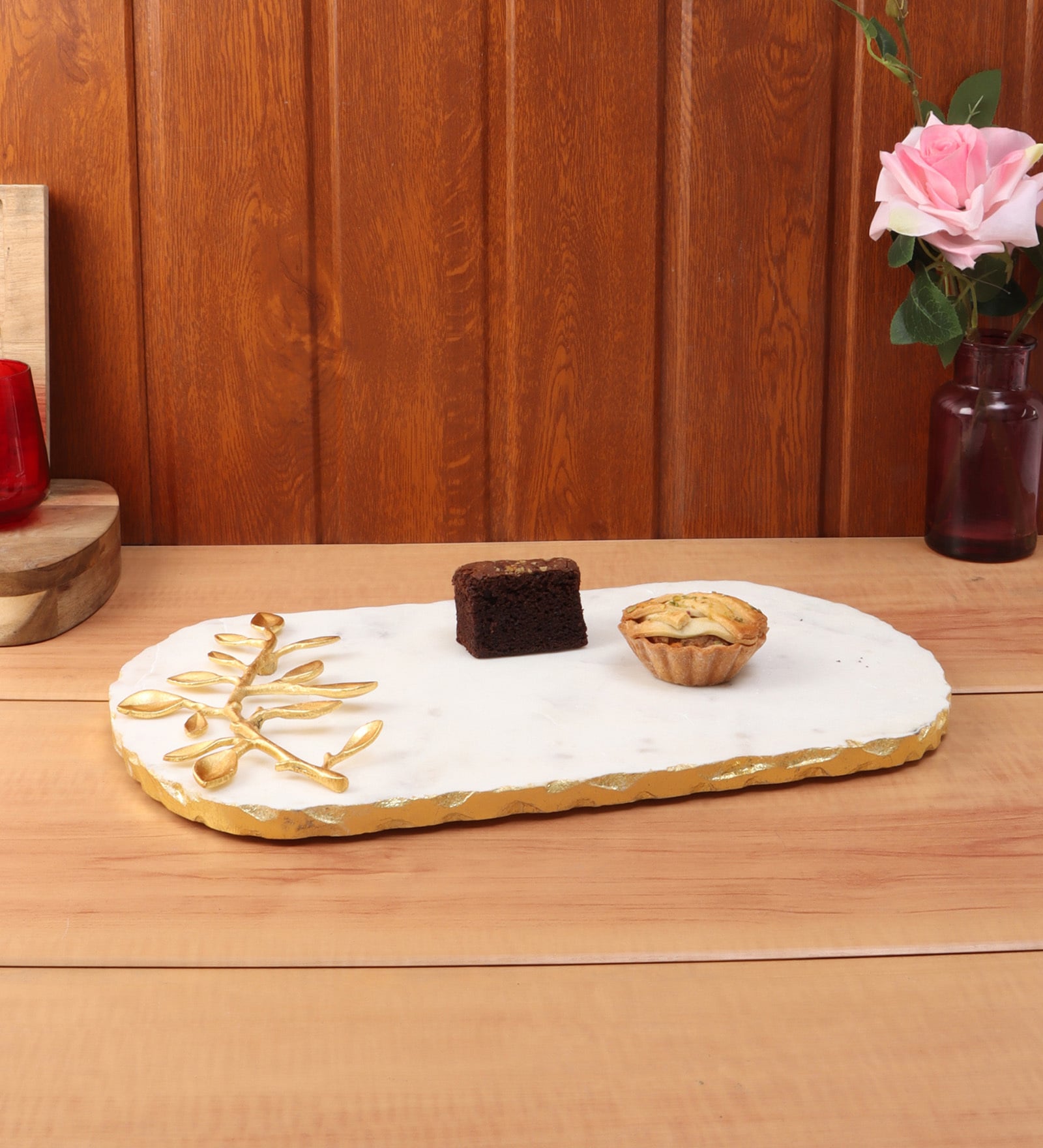 Marble Platter oval With Gold Foil Work  Plain White Metal Art Piece   Embedded