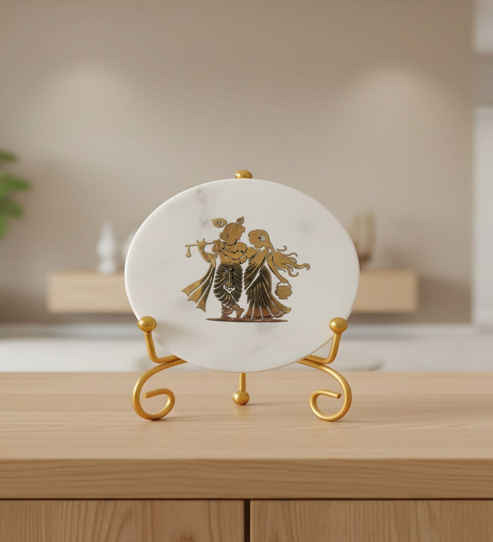 Marble Radha Krishna Showpiece With Metal Stand