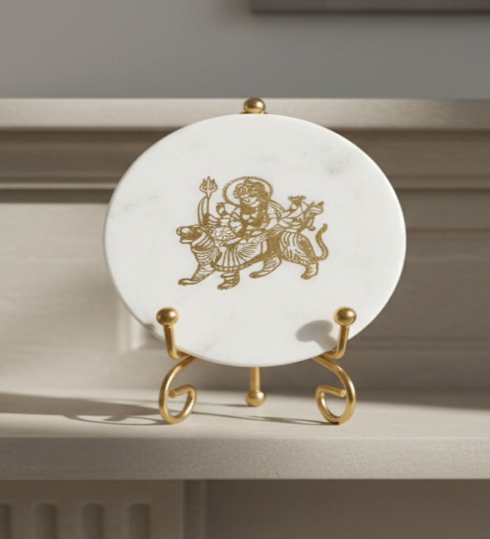 Marble Round Durga Maa Showpiece With Metal Stand
