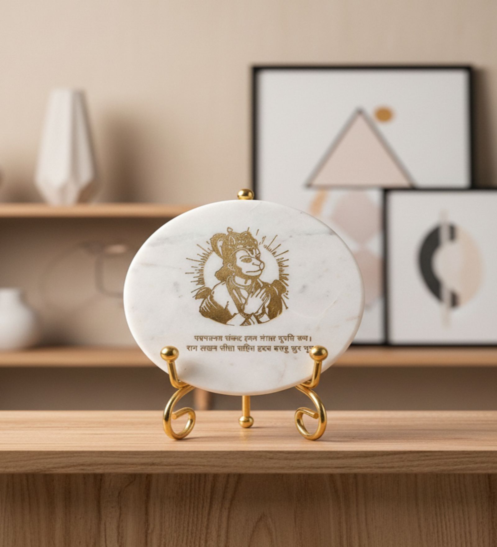 Marble Round Hanuman Showpiece With Metal Stand