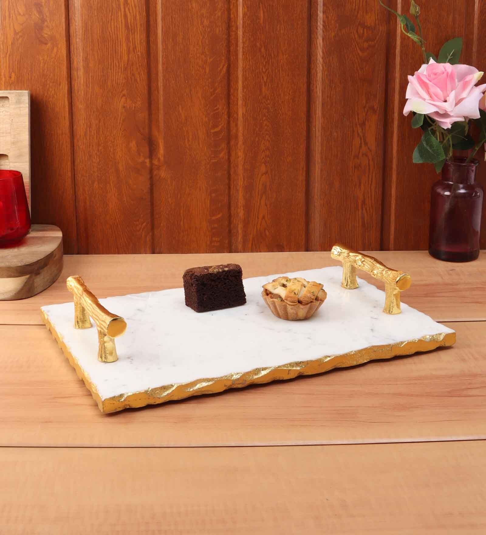 Marble Serving Tray with Gold Foil Work & Gold Finish Metal Handle Marble Serving Tray with Gold Foil Work & Gold Finish Metal Handle