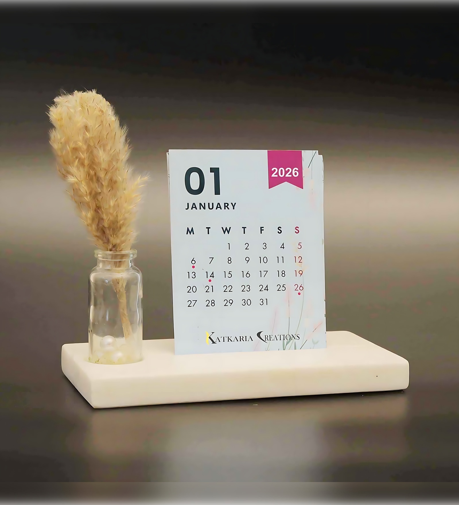 Marble Spring Desk Calendar 2026 with Elegant Pampas Grass For Home & Office Decor