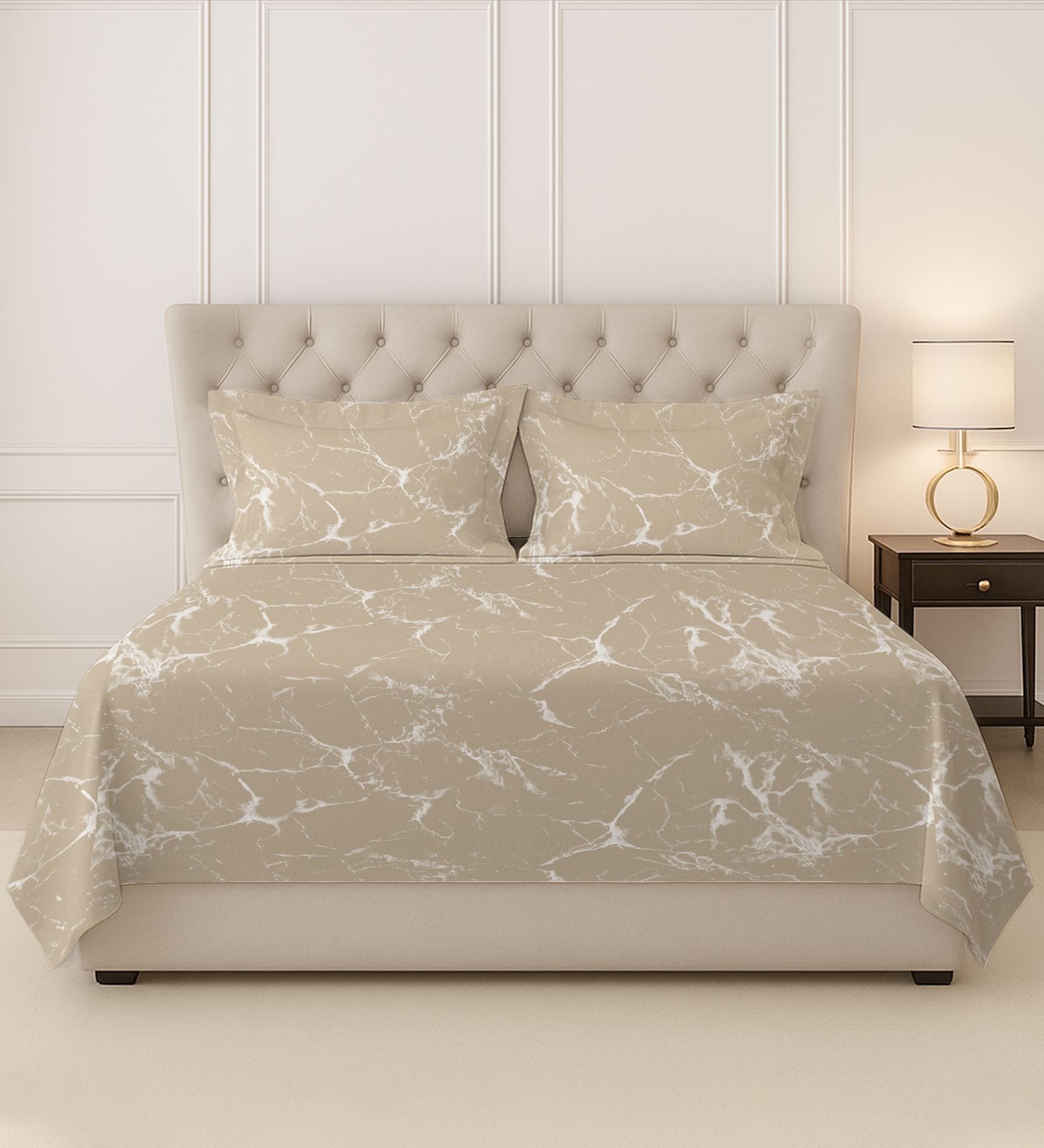 Marble Taupe Printed 400 TC Cotton Super King Sized Bedsheet with 2 Pillow Covers