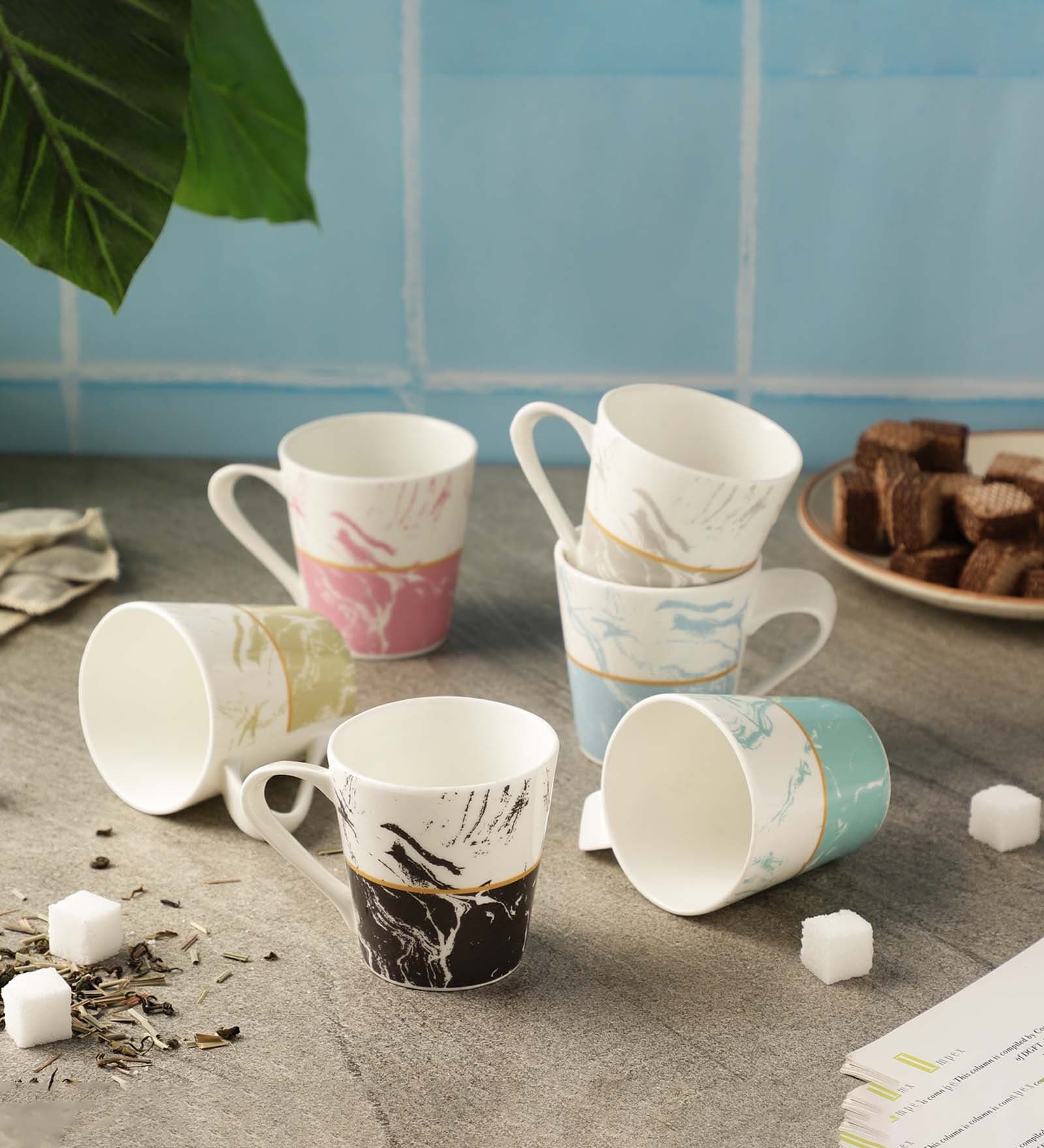 Marble Textured 150ml Multicolour Ceramic (Set of 6) Tea Cup