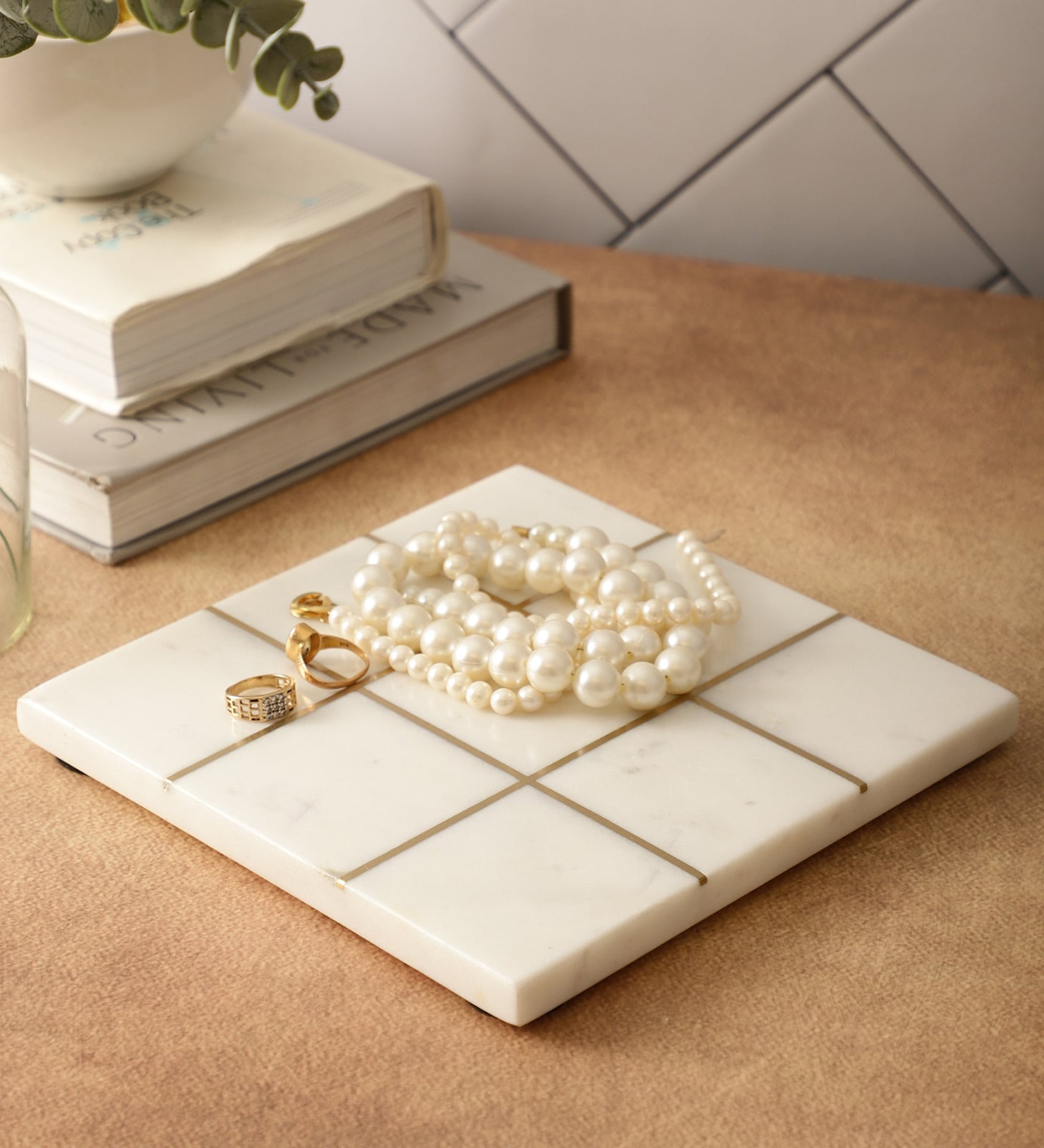 Marble Trivet Platter Brass Inlay