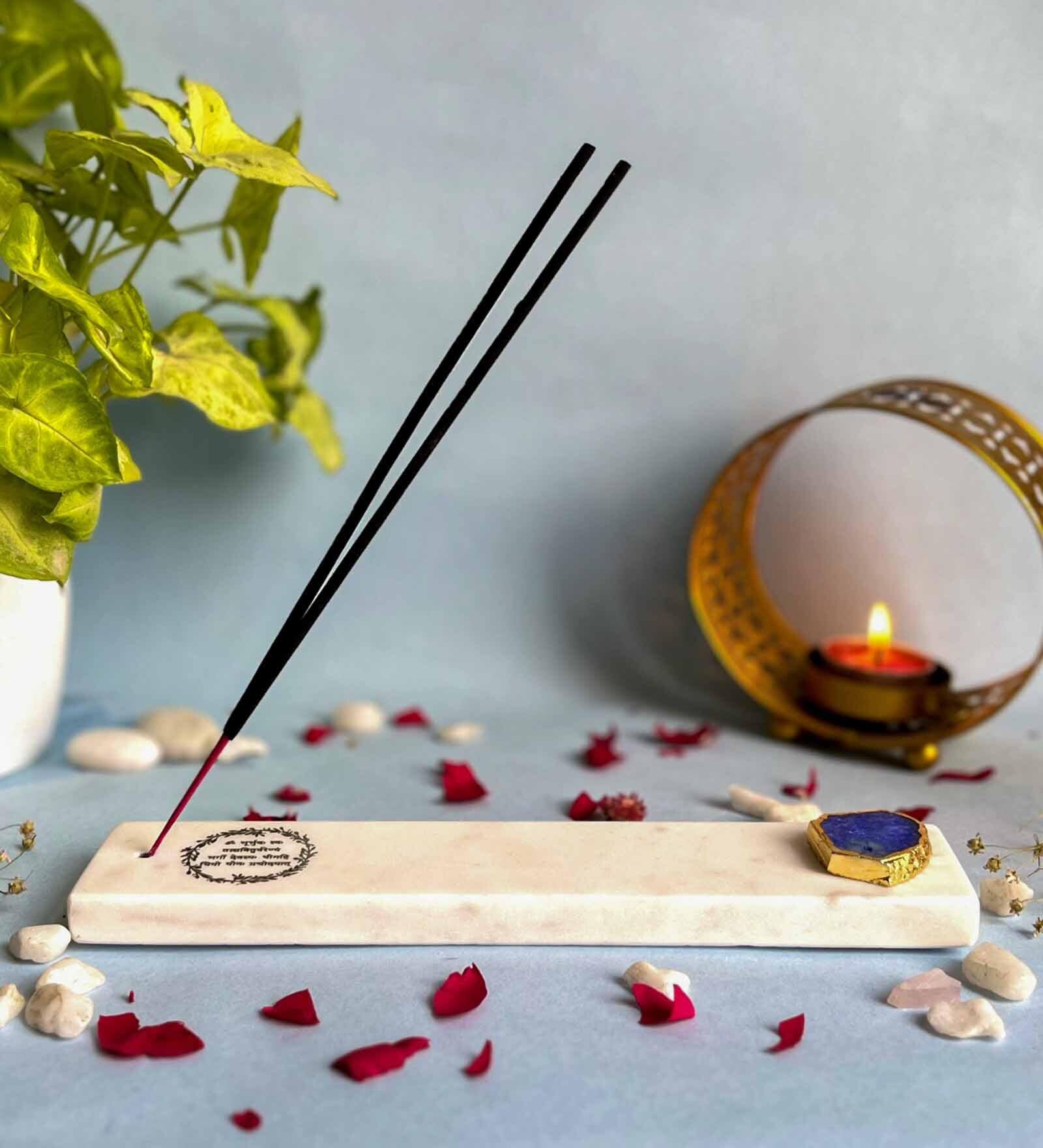 Marble with Blue Agate Gayatri Mantra Incense Stick Holder