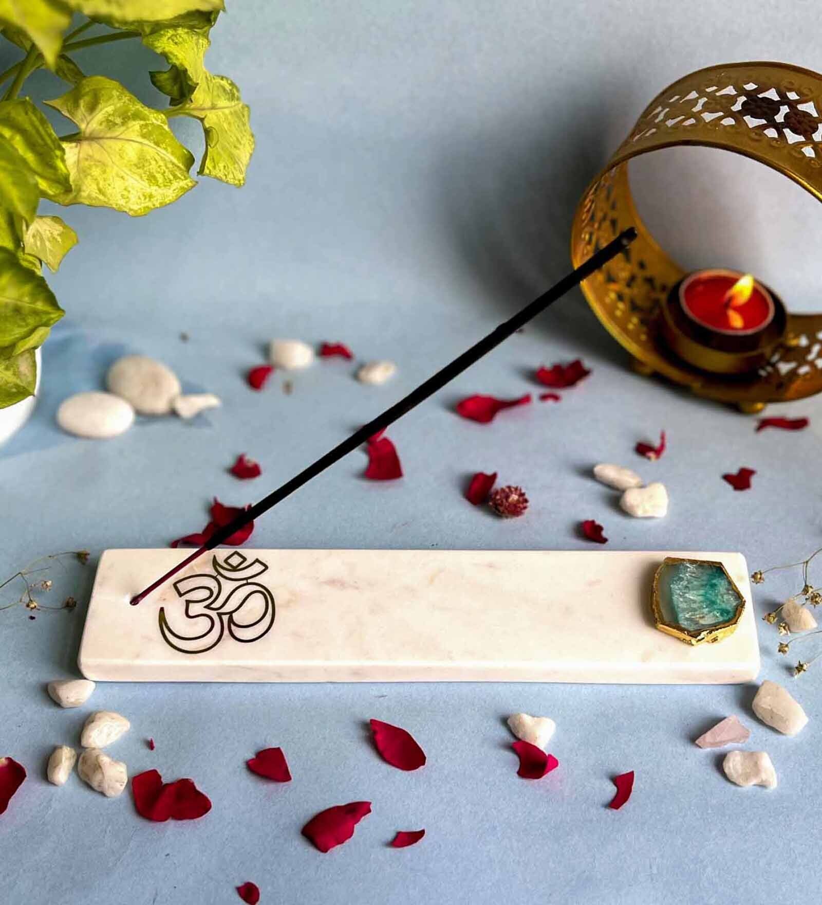 Marble with Green Agate OM Incense Stick Holder