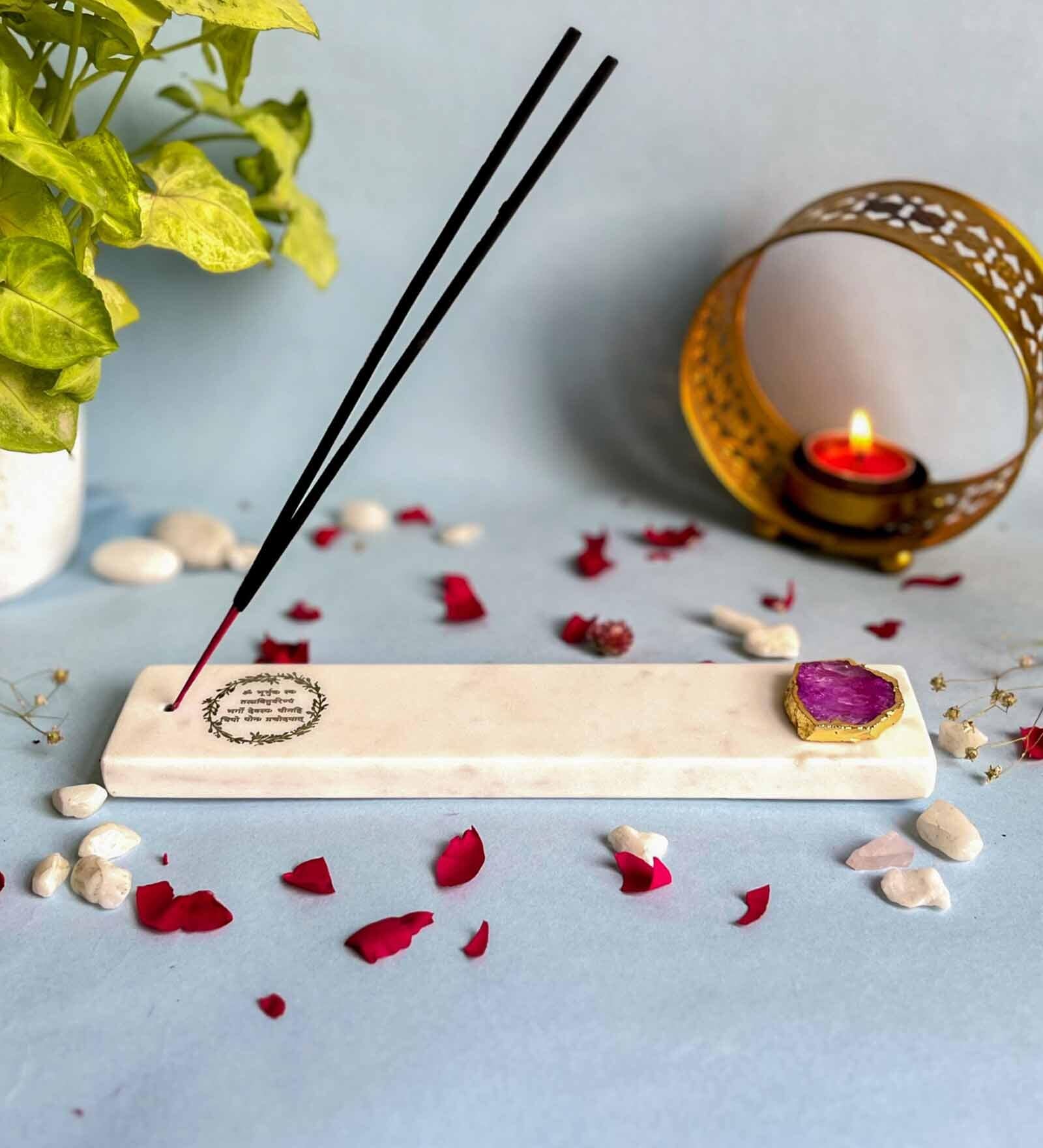 Marble with Pink Agate Gayatri Mantra Incense Stick Holder