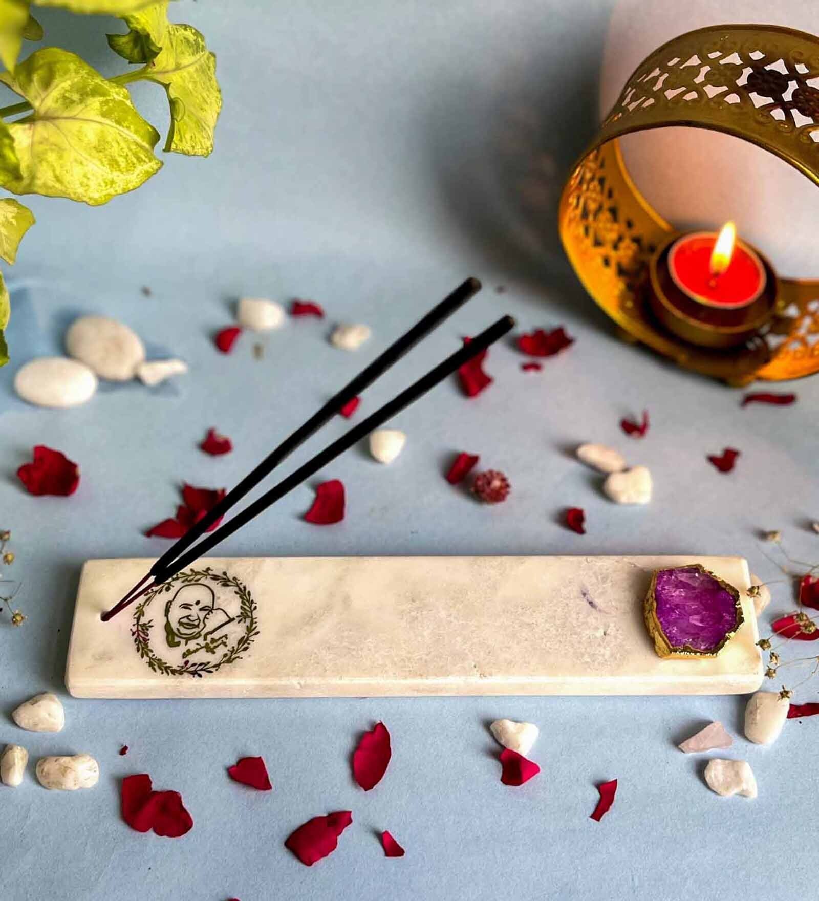 Marble with Pink Agate Guru Ji Incense Stick Holder