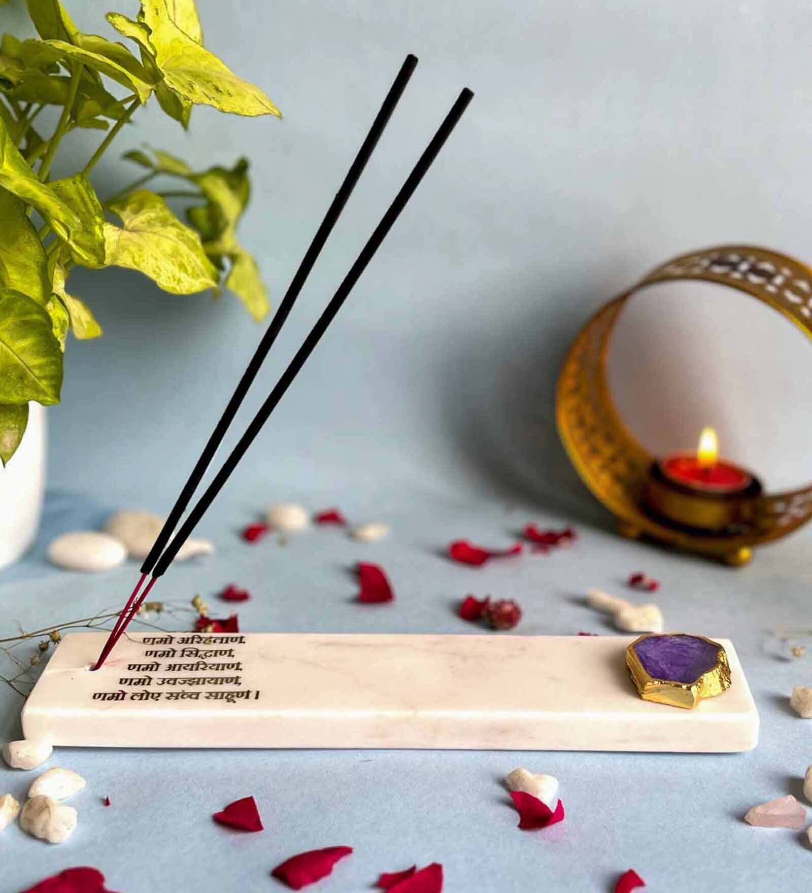 Marble with Purple Agate Namokar Mantra Incense Stick Holder