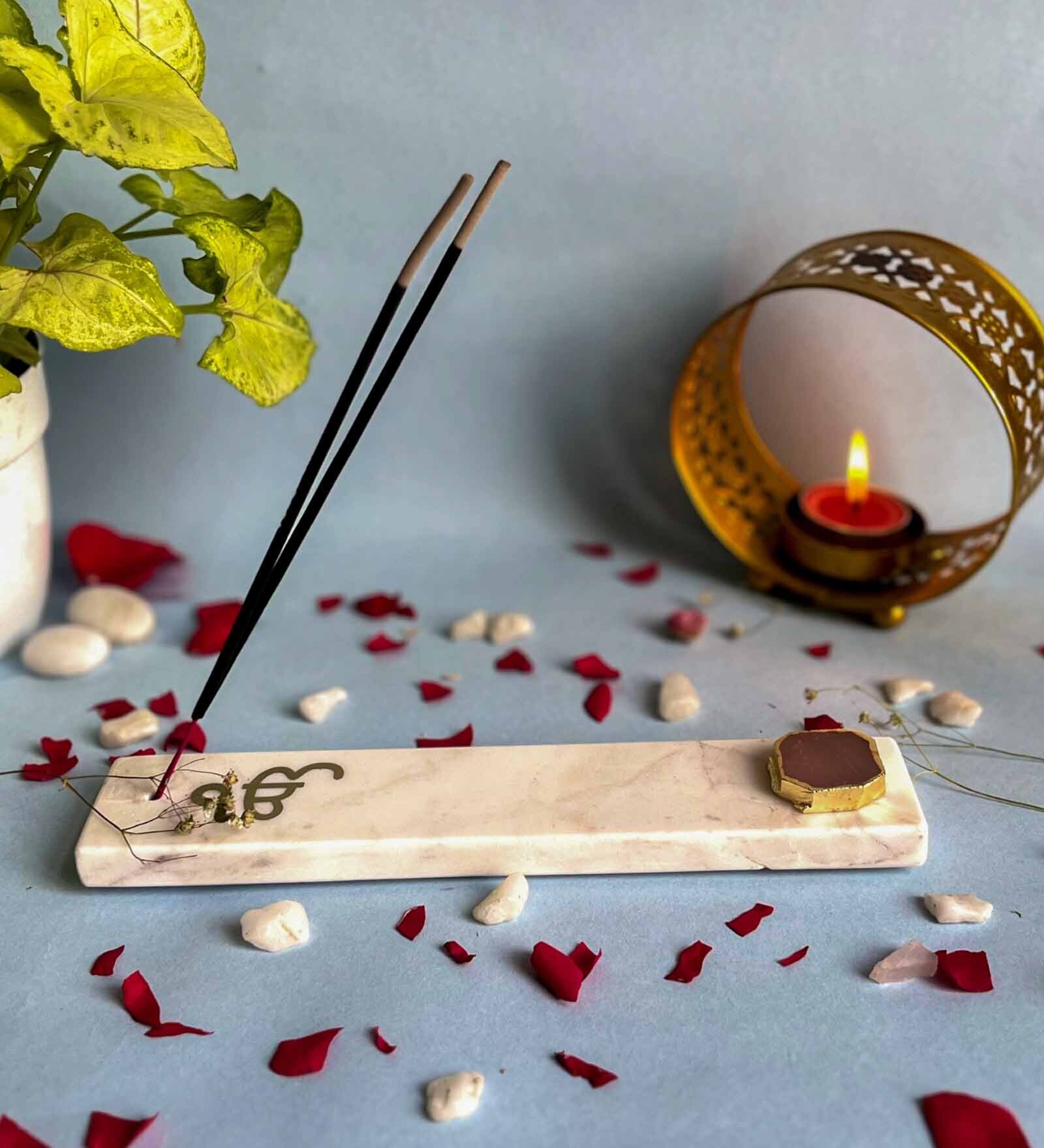 Marble with Rose Quartz IK Onkar Incense Stick Holder