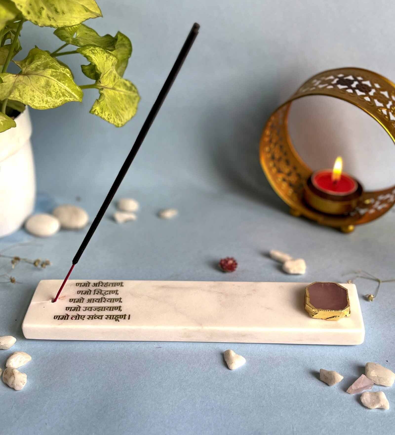 Marble with Rose Quartz Namokar Mantra Incense Stick Holder