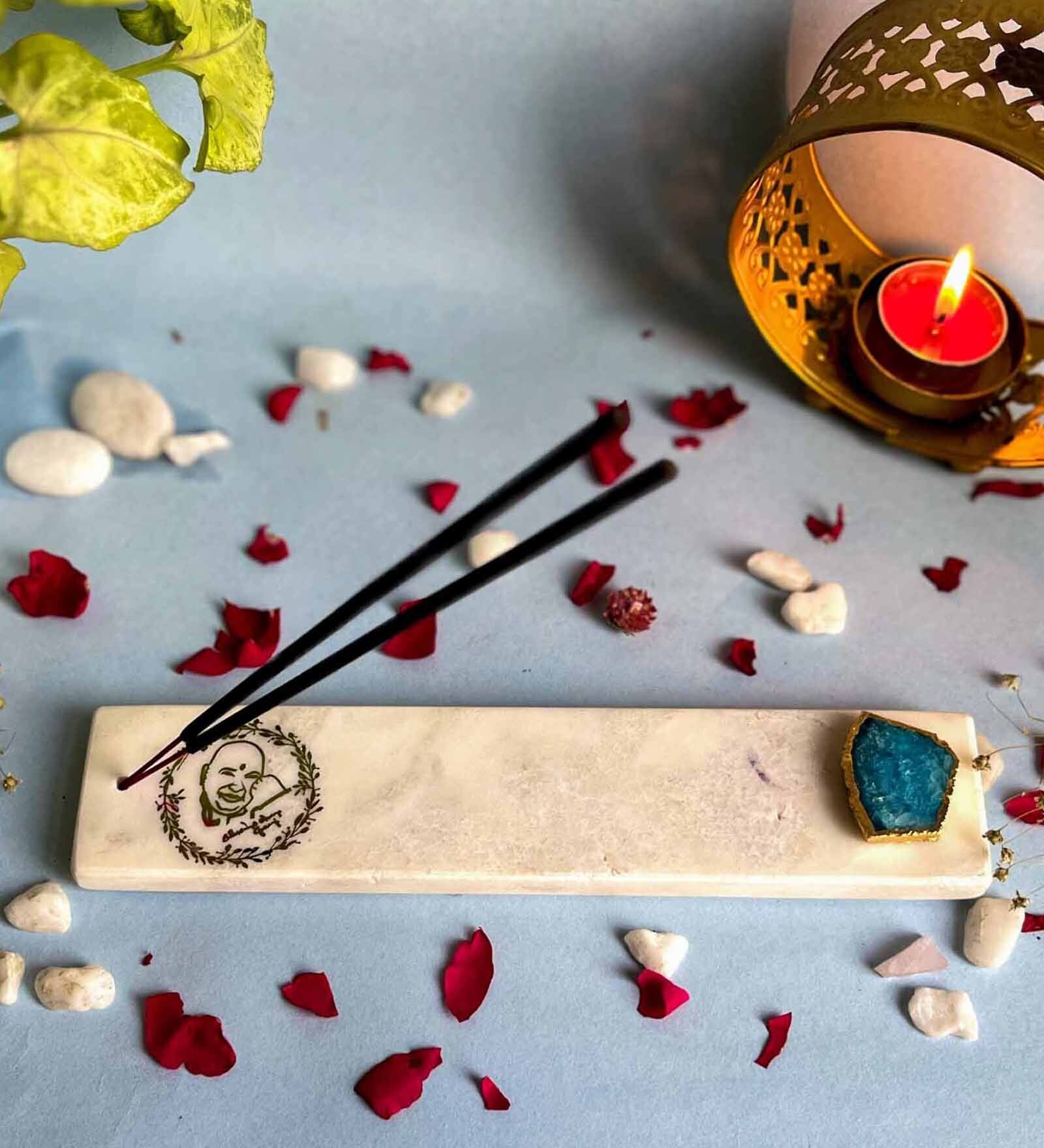 Marble with Turquoise Agate Guru Ji Incense Stick Holder