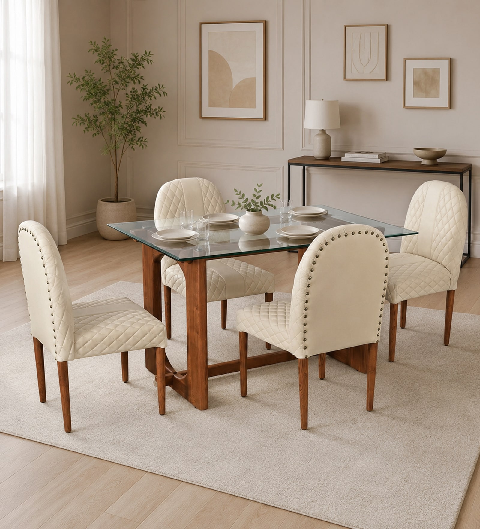 Mariager Acacia Wood 4 Seater Dining Set in Natural Glazed Finish in Off White Leatherette Mariager Acacia Wood 4 Seater Dining Set in Natural Glazed Finish in Off White Leatherette