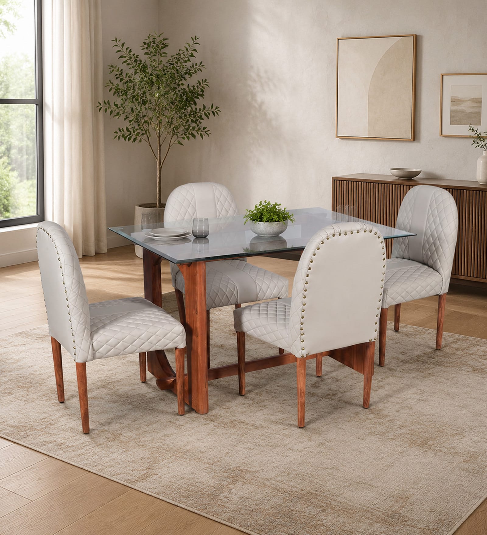 Mariager Acacia Wood 4 Seater Dining Set In Natural Glazed Finish with Grey Leatherette Mariager Acacia Wood 4 Seater Dining Set In Natural Glazed Finish with Grey Leatherette
