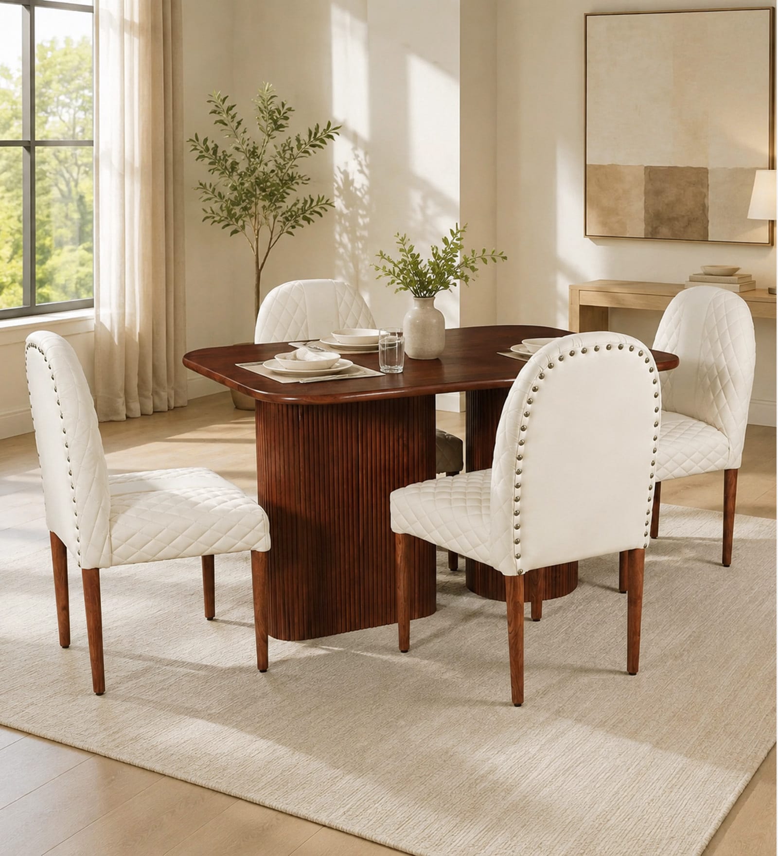 Mariager Acacia Wood 4 Seater Dining Set in Natural Glazed Finish With Off White leatherette Mariager Acacia Wood 4 Seater Dining Set in Natural Glazed Finish With Off White leatherette