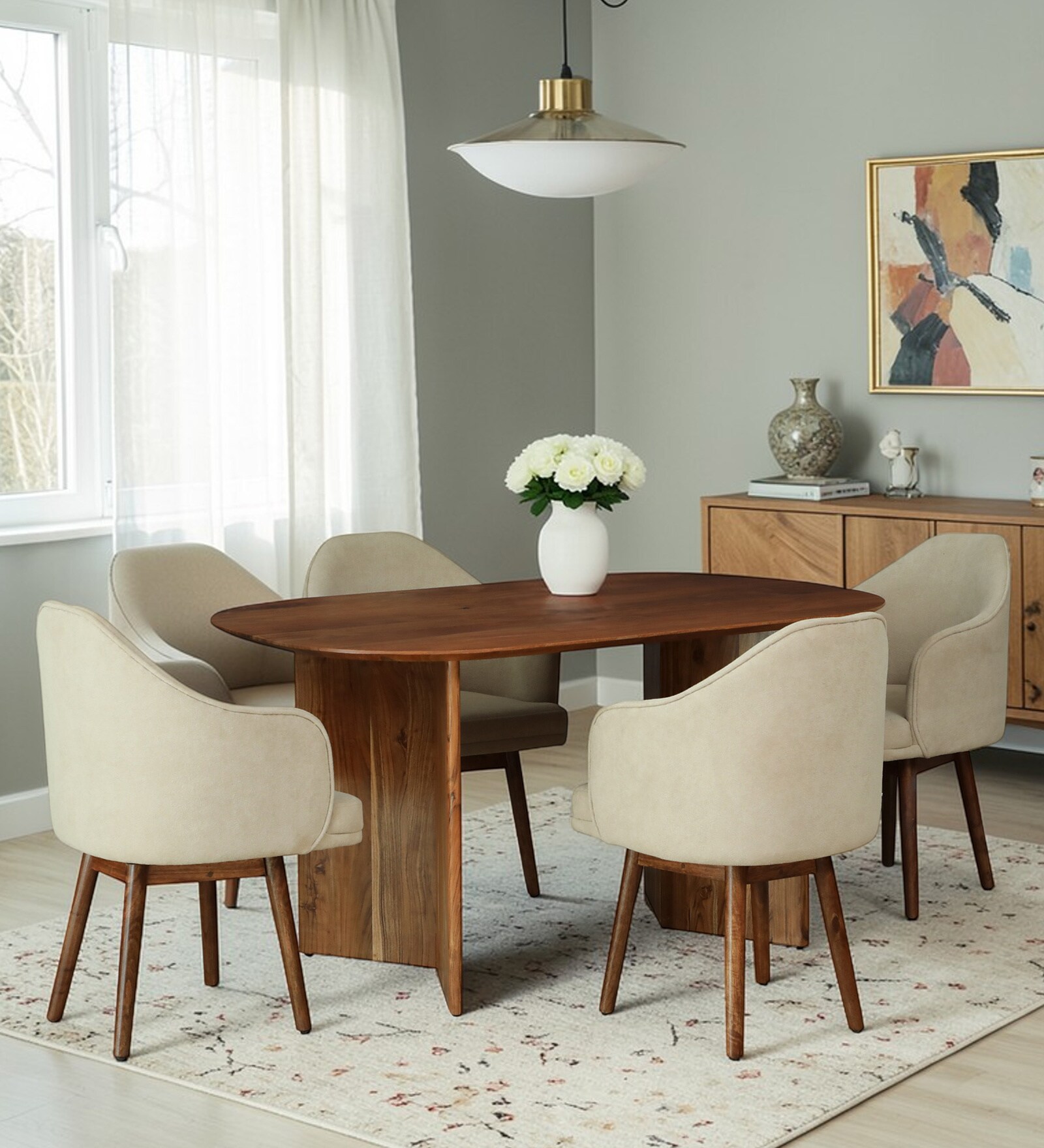 Mariager Acacia Wood 4 Seater Dining Set with Revolving Chair In Natural Finish