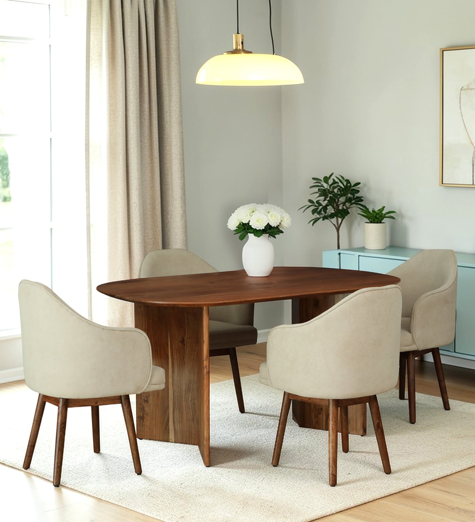 Mariager Acacia Wood 4 Seater Dining Set with Revolving Chair In Natural Finish