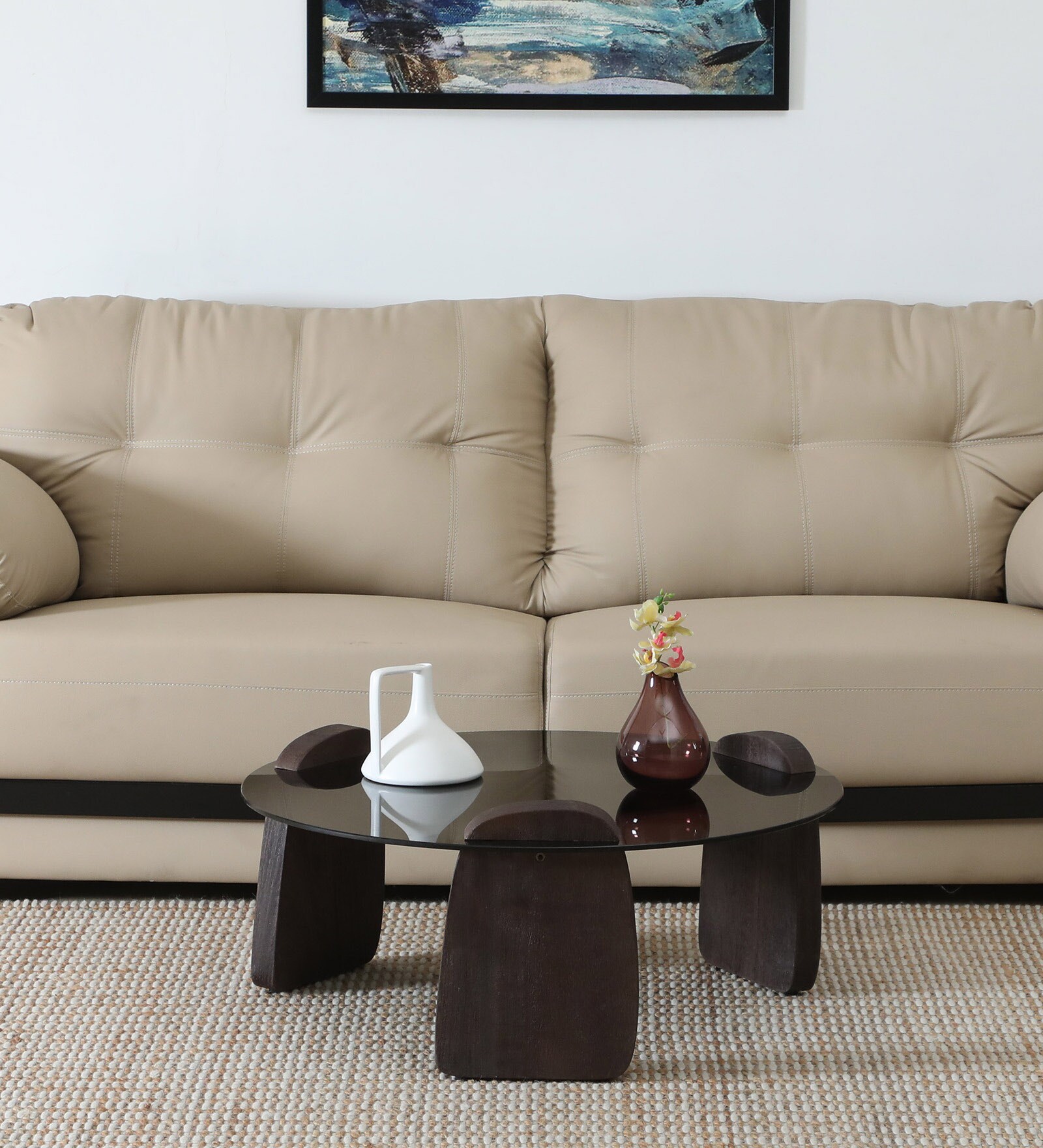 Mariano Mango Wood Coffee Table In Wirebrush Walnut Finish With Black Tinted Glass Top