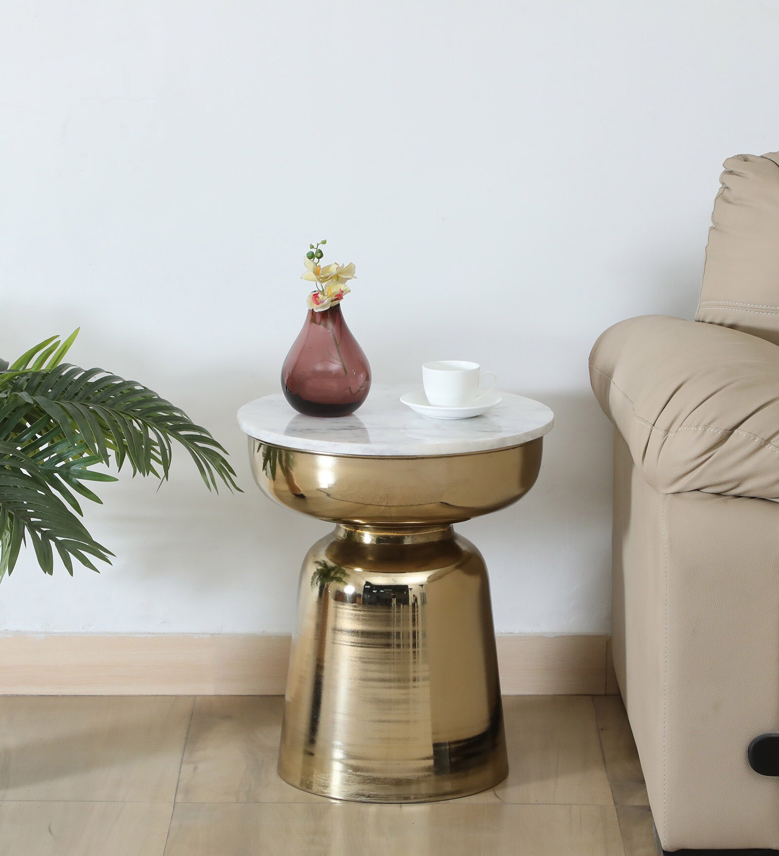 Mariano Metallic End Table In Gold Electroplating Finish With White Marble Top