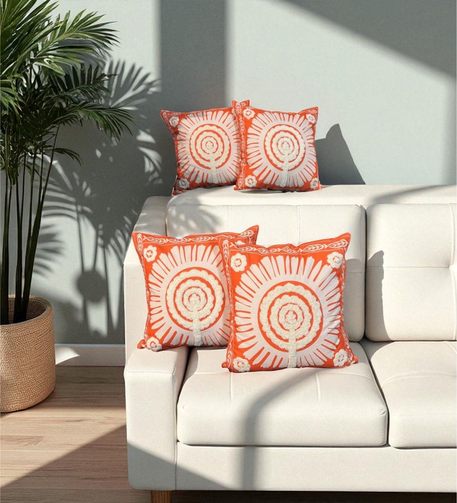 Orange Cotton Embroidered 18x18 inches Cushion Covers Set of 4
