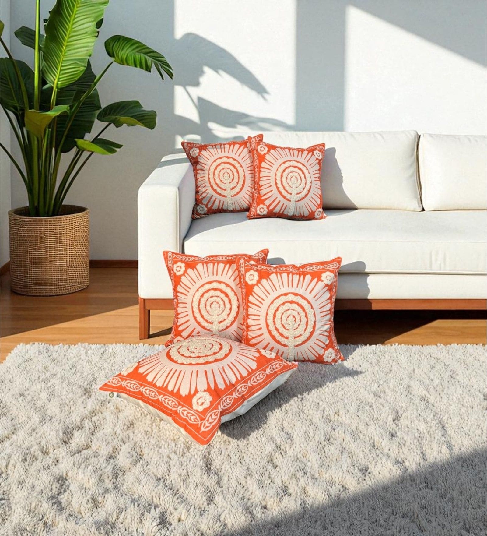 Orange Striped Cotton Embroidered 18x18 inches Cushion Covers Set of 5