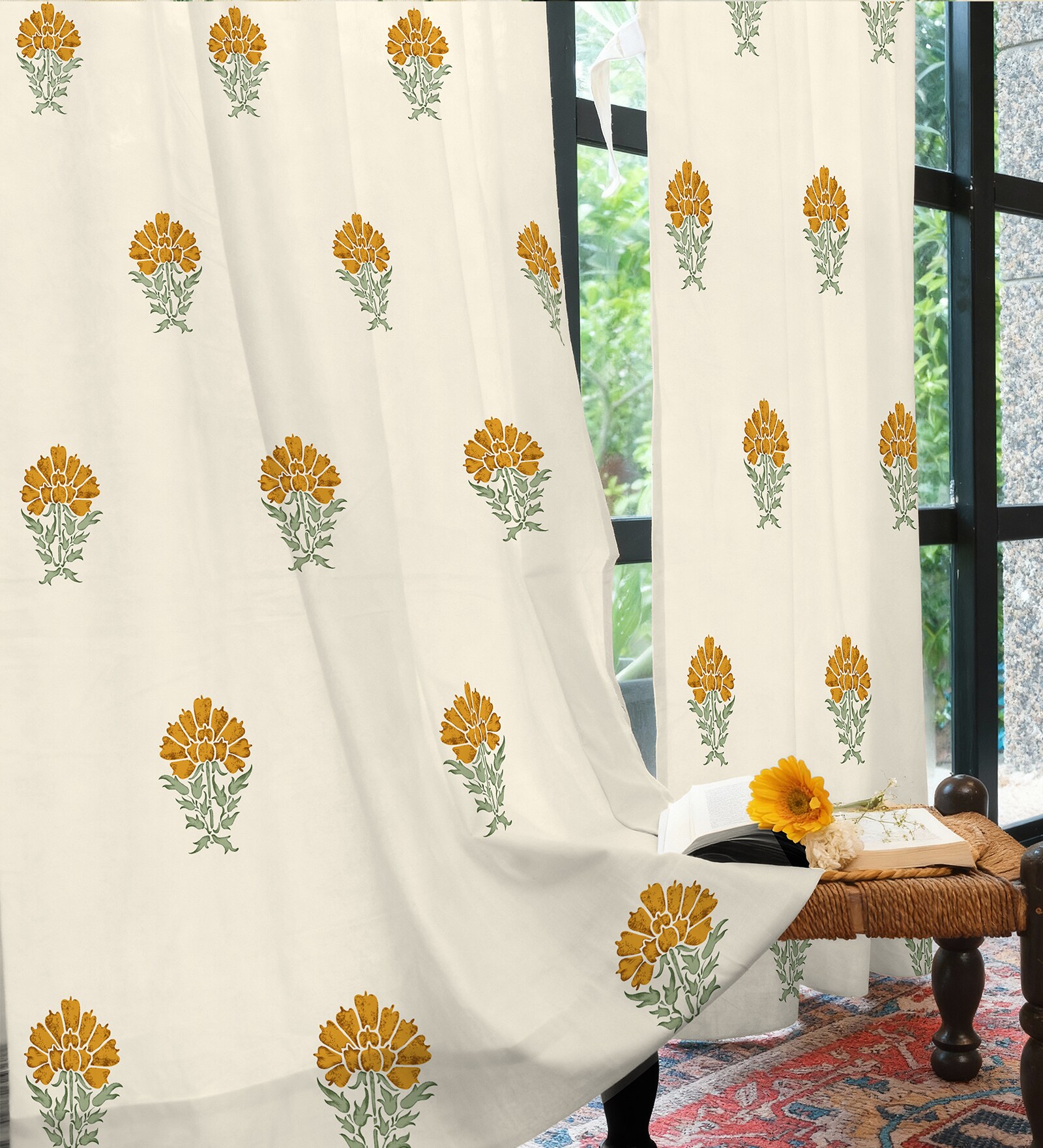 Yellow Cotton Floral 5 Ft Eyelet Window Curtains (Set Of 2)