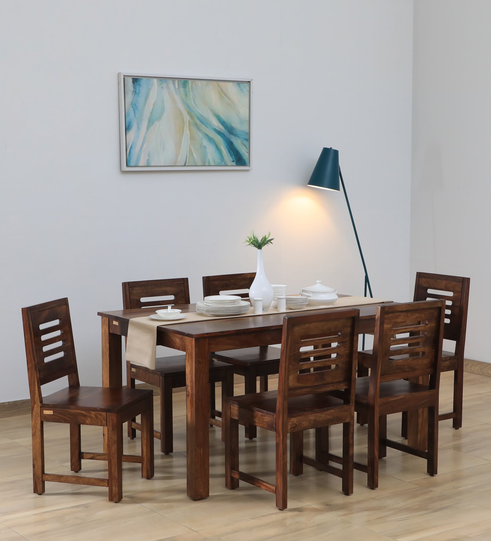 Marin Sheesham Wood 6 Seater Dining Set in Scratch Resistant Provincial Teak Finish Marin Sheesham Wood 6 Seater Dining Set in Scratch Resistant Provincial Teak Finish