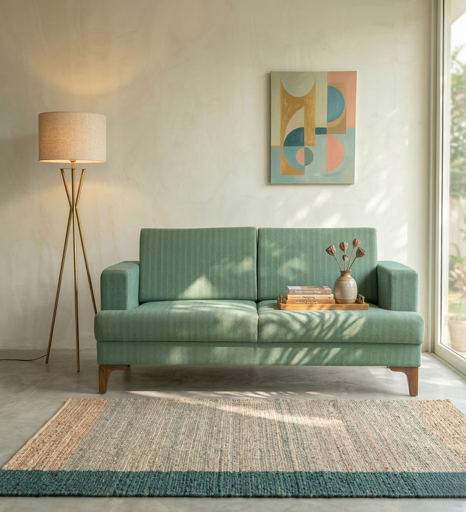 Marina Teak Wood 3 Seater Sofa Herringbone Astral Green Colour