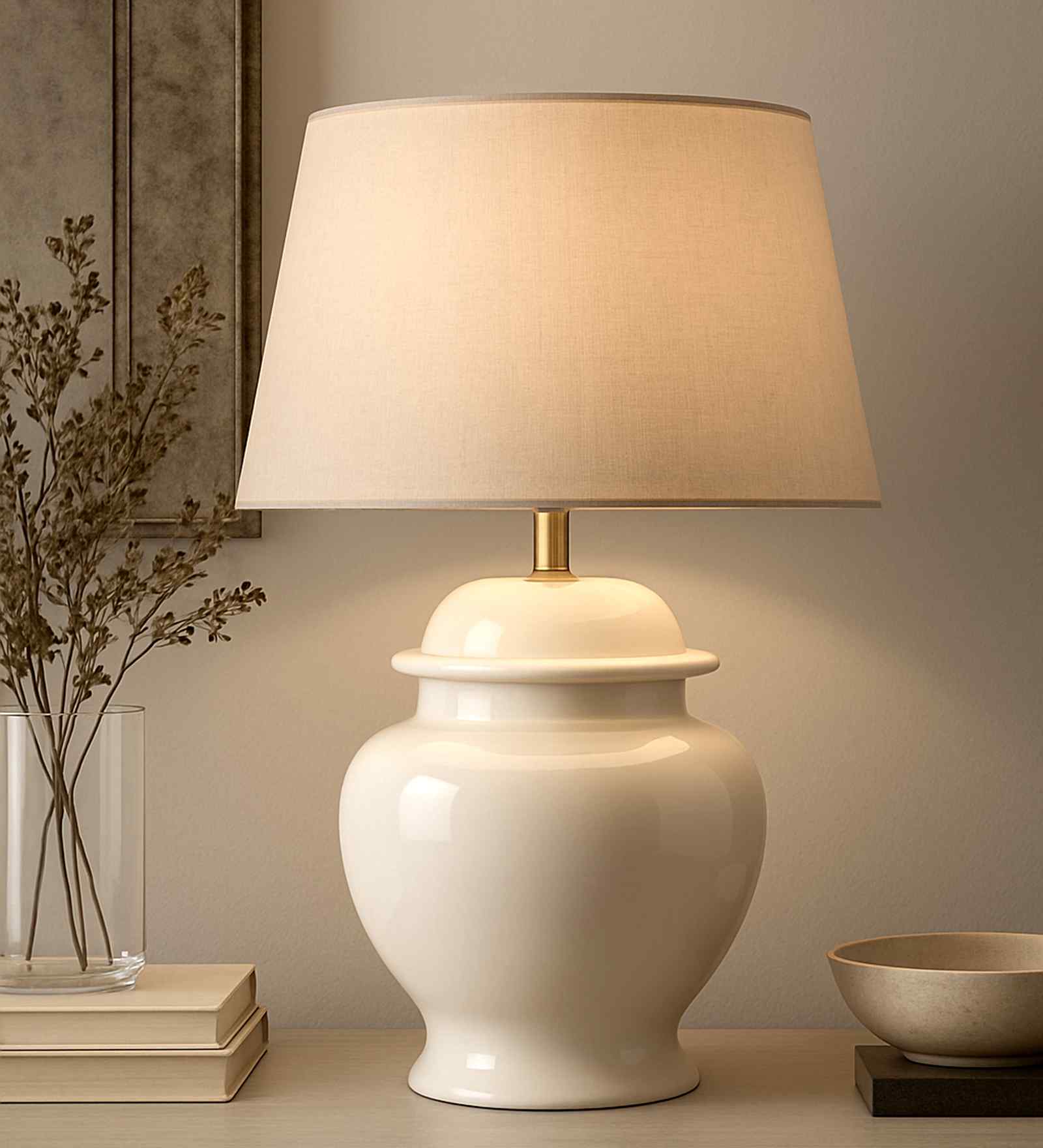 Mario Beige Fabric Shade Night Lamp With Ceramic Base