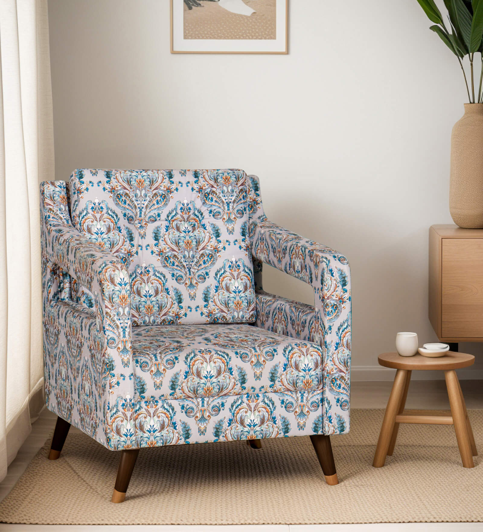 Mario Fabric Lounge Chair In Blue Floral Finish