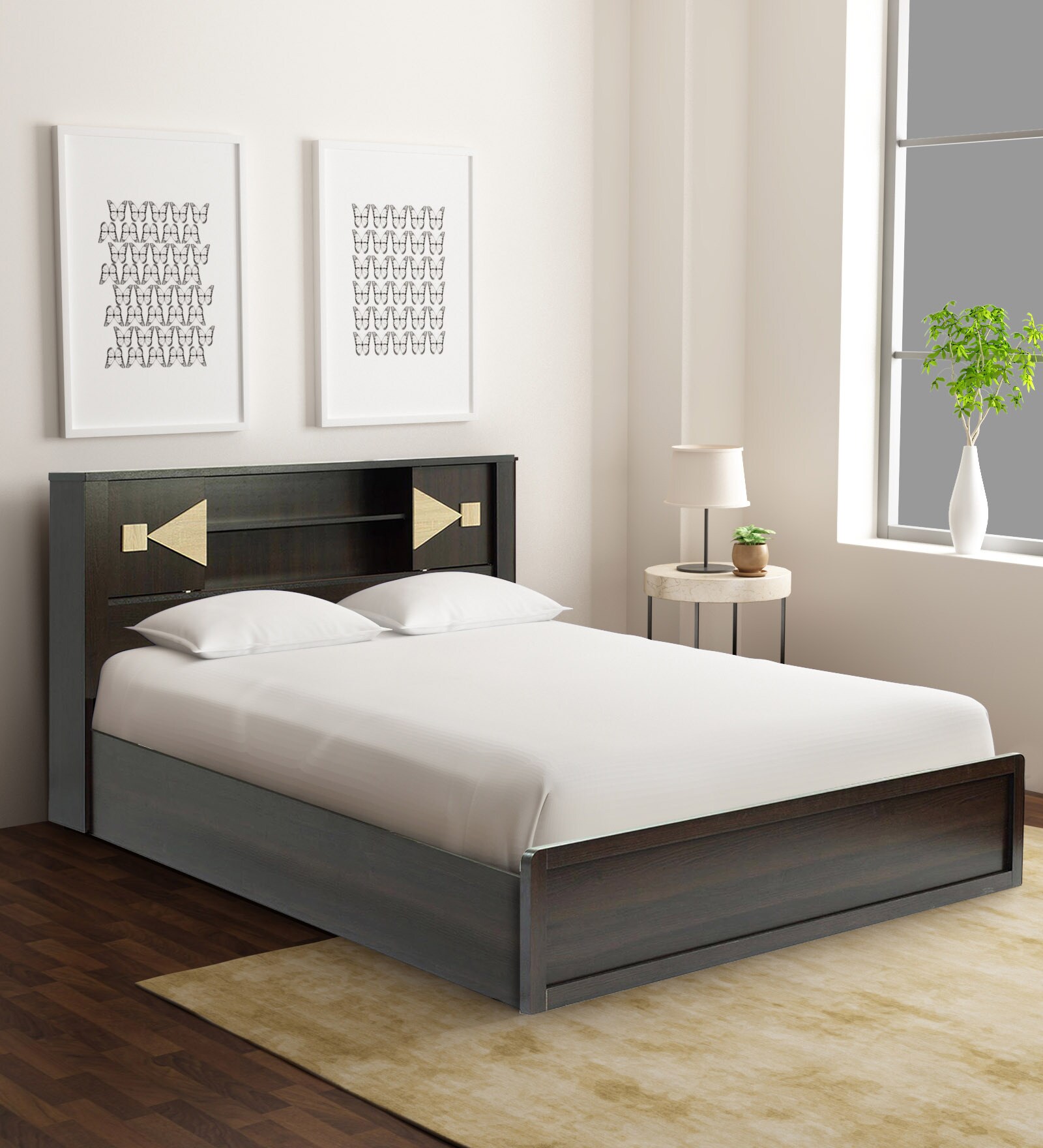 Buy Marise Queen Size Bed With Headboard Storage In Brown & Sonoma Oak