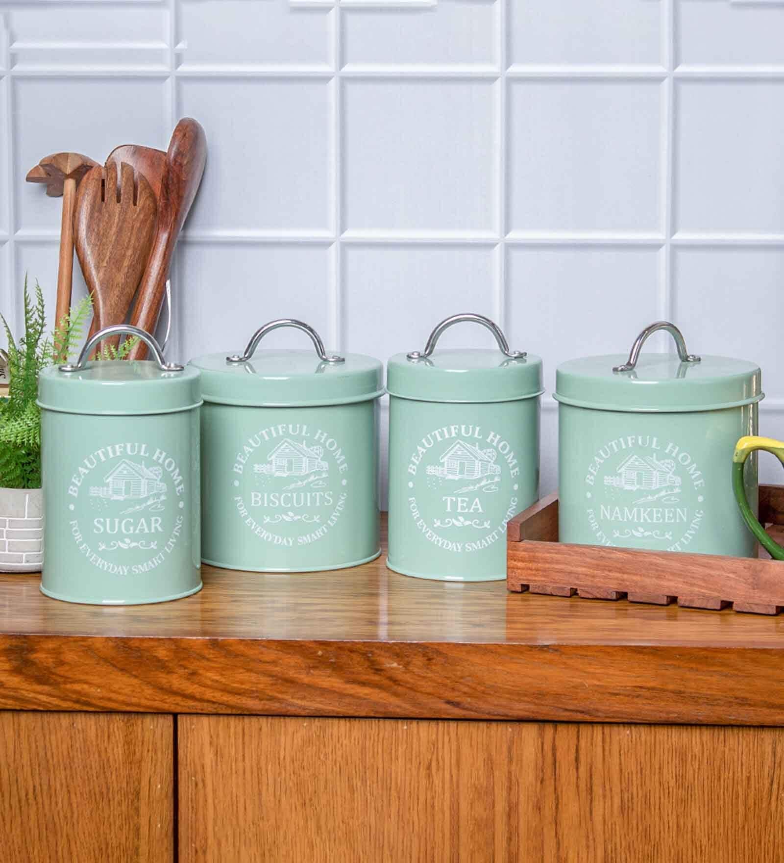 Green Mild Steel  Tea & Sugar Jar (Each 850 Ml),Biscuits & Namkeen Jar (Each 1300 Ml)