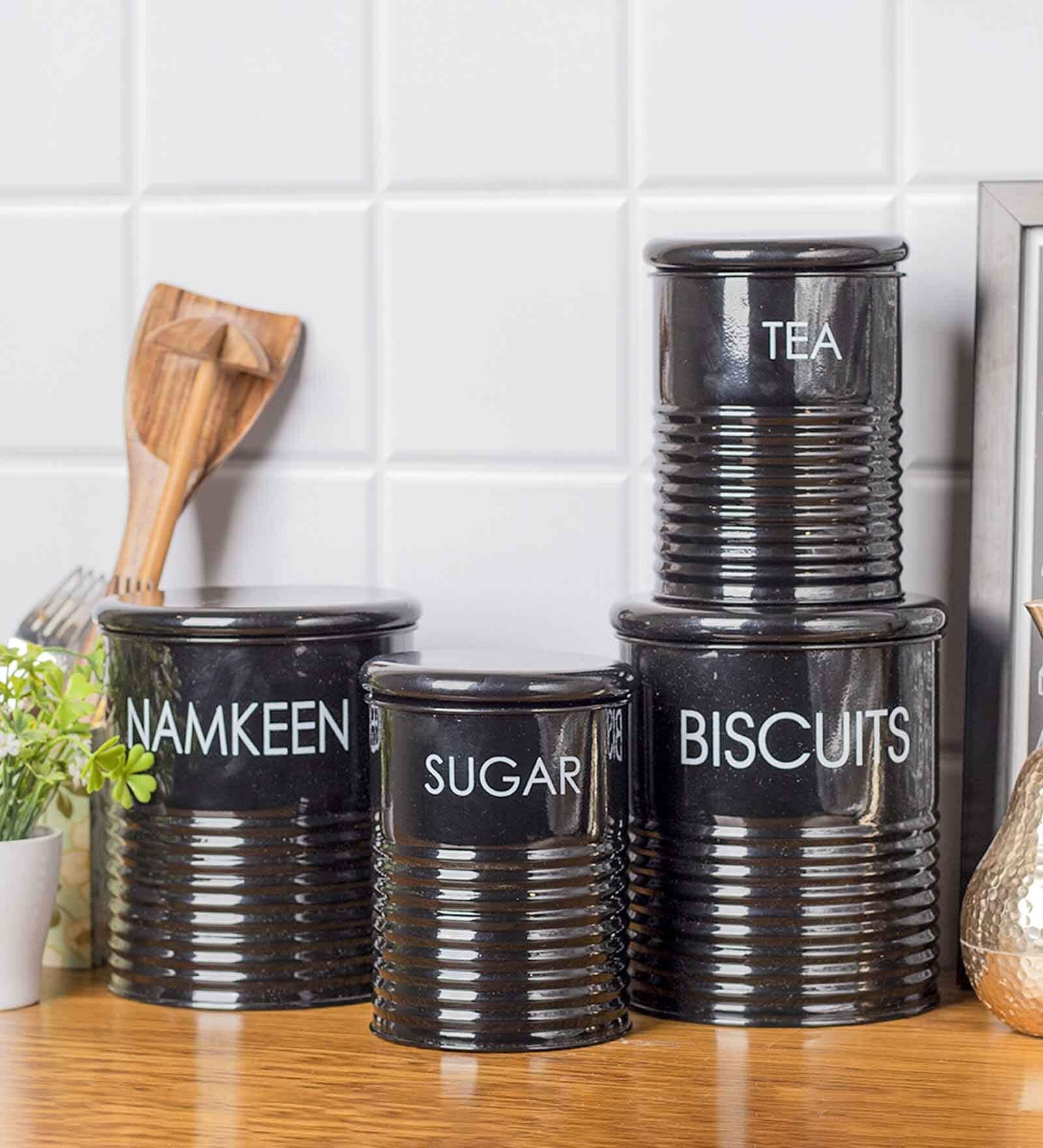Black Galvanised Iron  Tea & Sugar Jar (Each 900 Ml),Biscuits & Namkeen Jar (Each 1700 Ml)