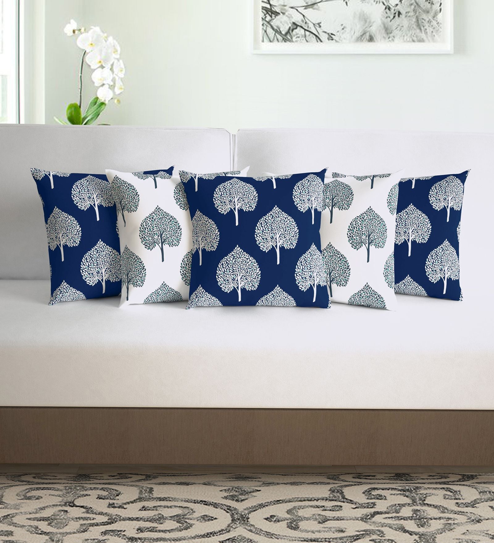 Marlin Blue And White Microfiber Floral 16X16 Inches Cushion Covers Set Of 5