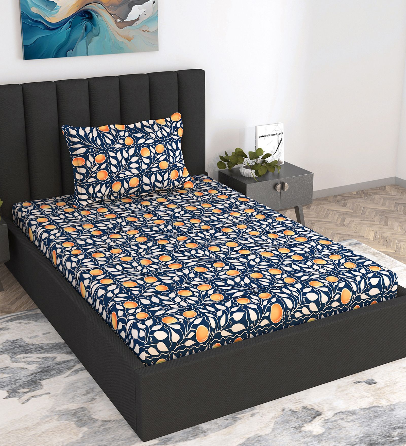 Marlin Floral 144 Tc Cotton Elastic Fitted Single Bedsheet With Pillowcover