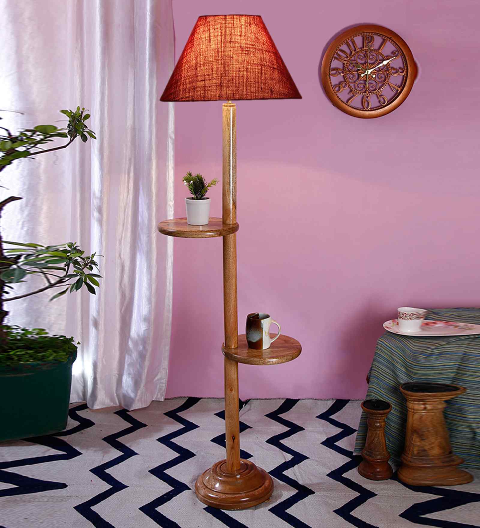 Maroon Jute Conical Wooden Floor Lamp