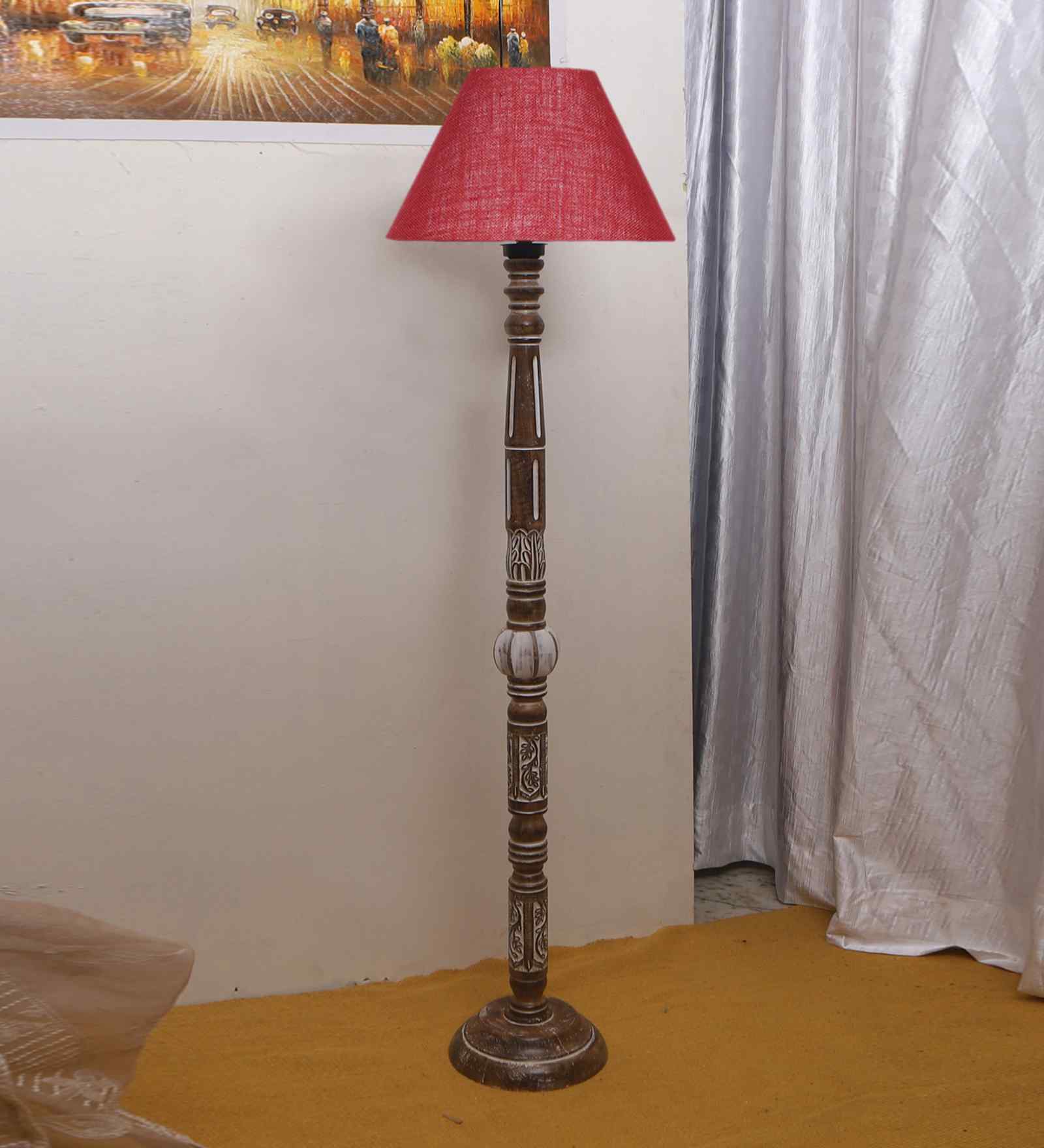Maroon Jute Conical Wooden Floor Lamp