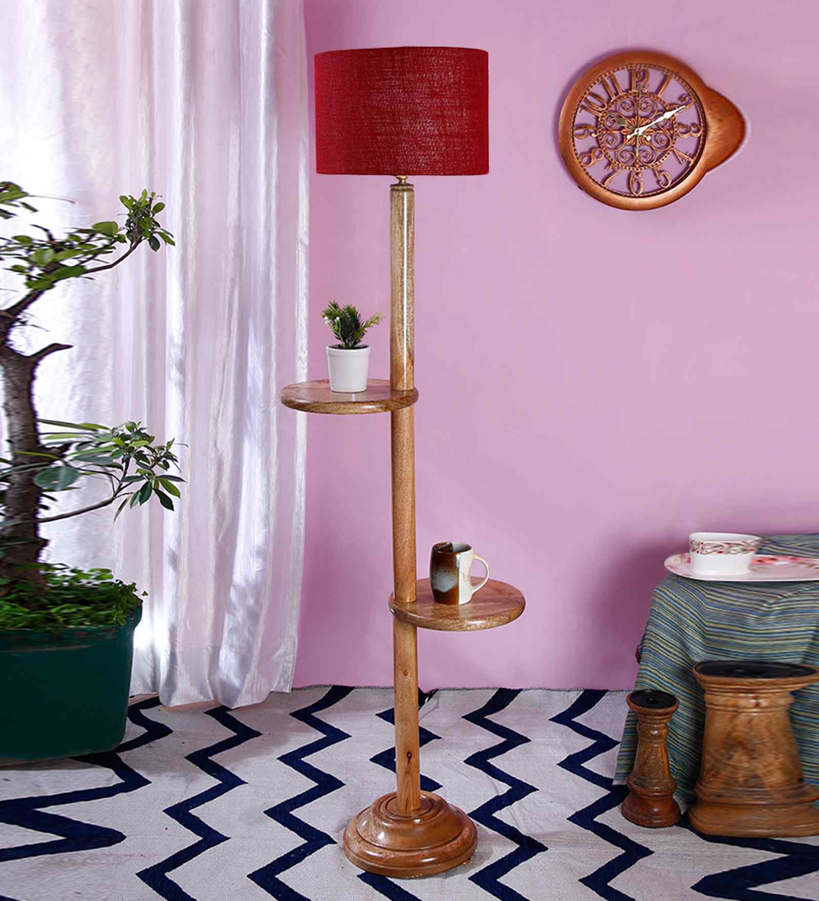 Maroon Jute Drum Wooden Floor Lamp