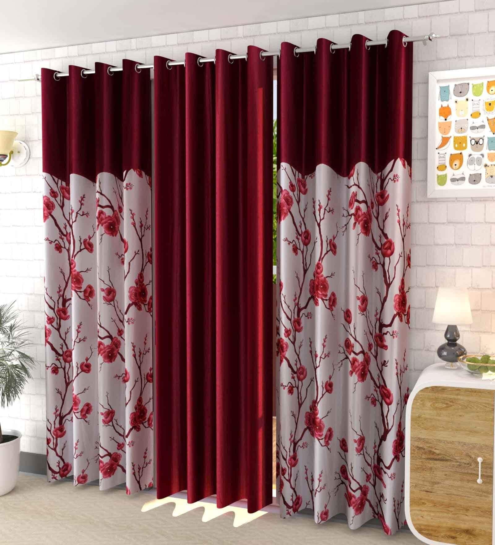 Maroon  Polyester Floral and Solid 7ft Semisheer Eyelet Door Curtains (3Pcs)