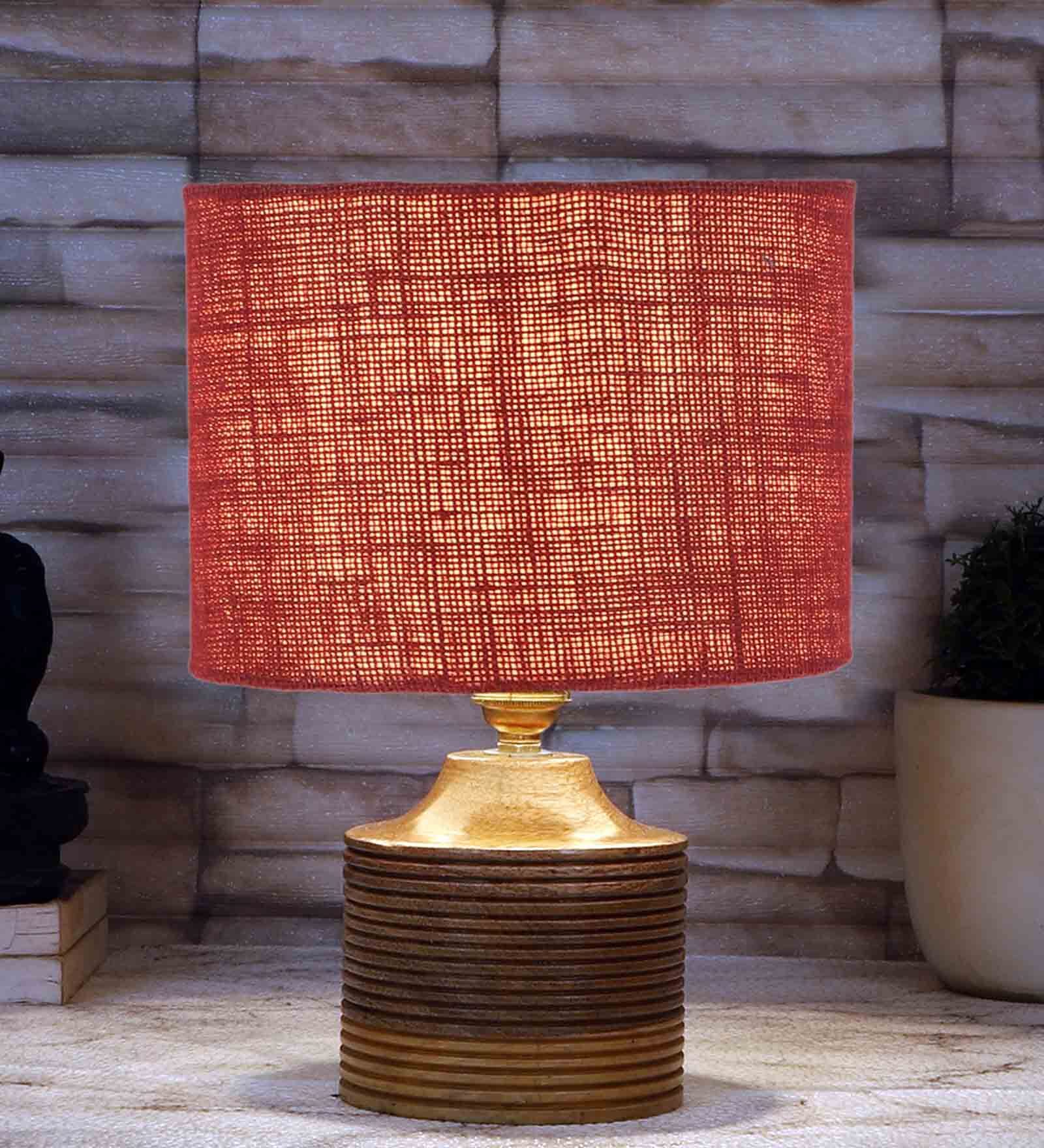 Maroon  Shade Table Lamp With Wood Base