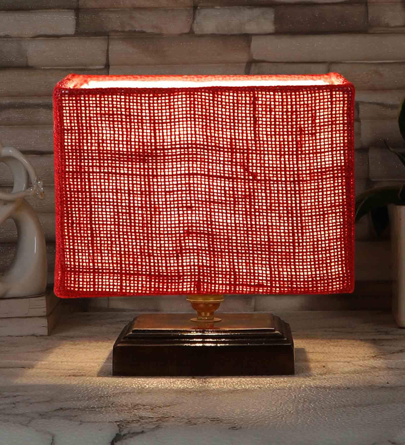 Maroon  Shade Table Lamp With Wood Base