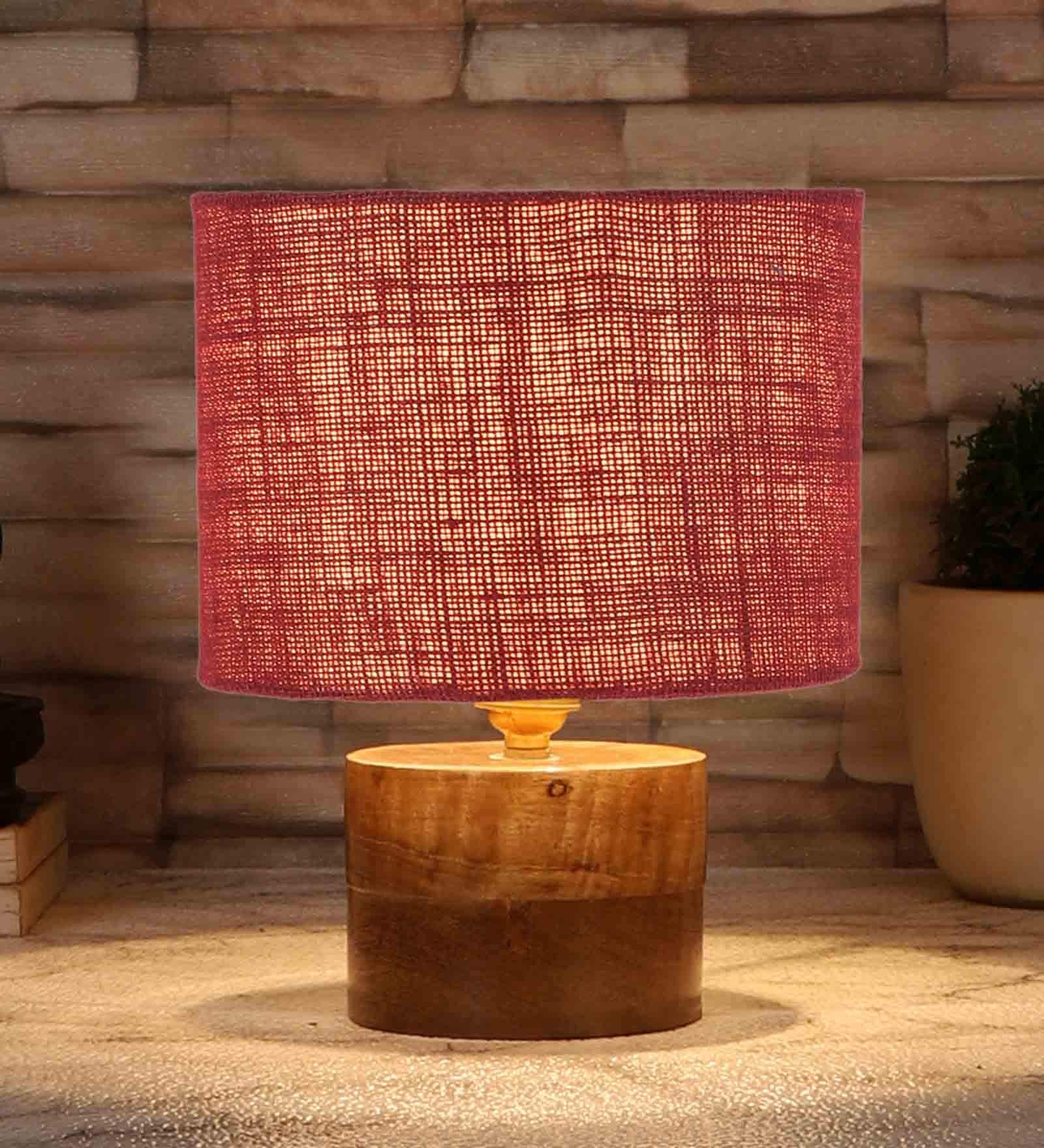 Maroon  Shade Table Lamp With Wood Base