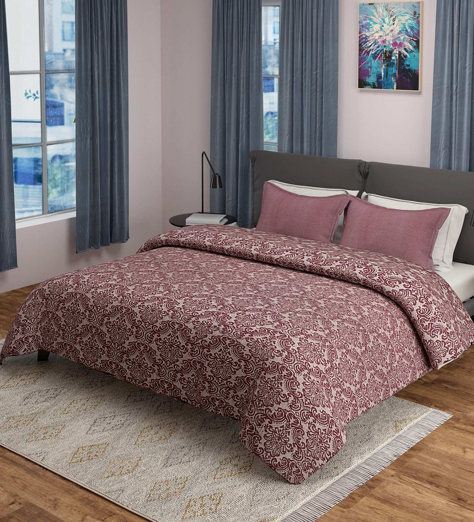 Wine Traditional 500 TC 100% Cotton Double Bed Cover with 2 Pillow Covers