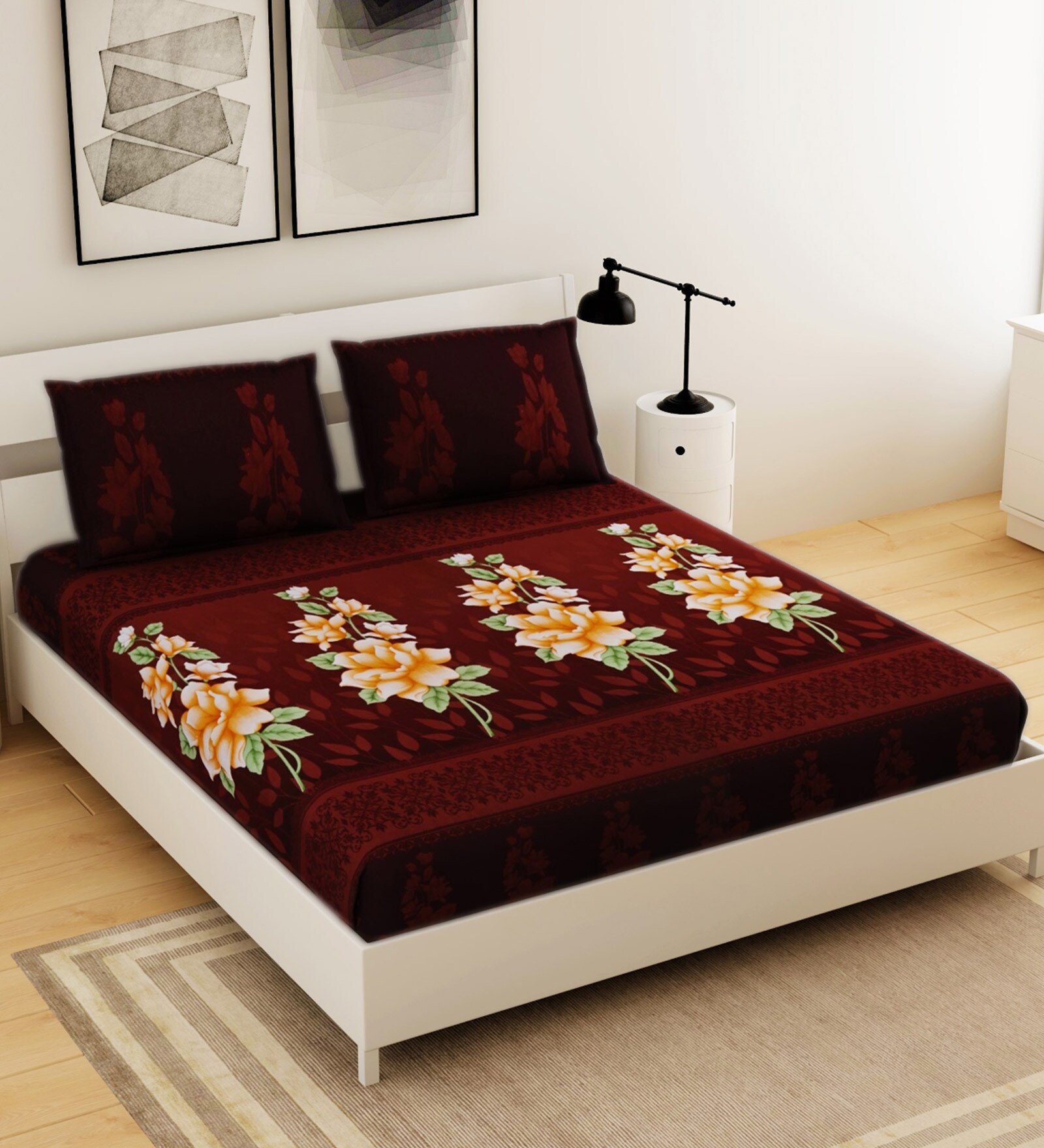 Buy Maroon Floral 120 TC Cotton King Sized Bed Sheets with 2 Pillow